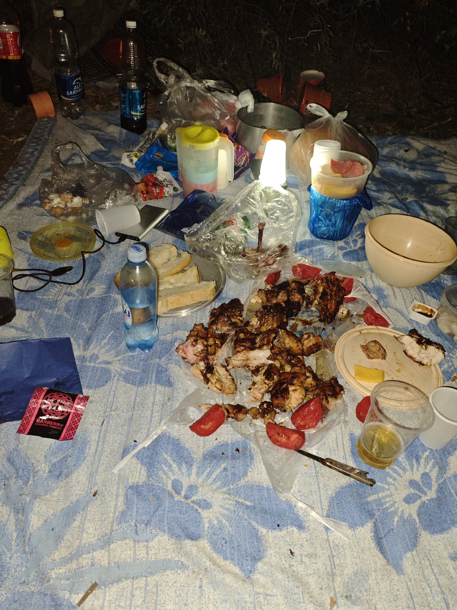 The image depicts a messy outdoor scene, likely a campsite, at night. A blue and white patterned blanket is spread on the ground, covered with various food items, plastic bags, containers, and discarded food.
In the center of the scene is a pile of cooked meat, possibly chicken, with pieces of chopped tomatoes scattered around it. To the right, a beige bowl sits empty. There are several plastic cups, one containing a yellow liquid, and other containers with food remnants. A plate with a few pieces of bread and some meat is visible near the center.
Several plastic bottles, some with blue labels and some with dark liquid, are present. A bright LED lantern is illuminating the area. Other objects include a roll of orange tape, a blue folder, and a small pink packet labeled "BARBERRY CHEWING TOBACCO". A pair of glasses and a knife are also visible on the blanket. The background is dark and appears to be natural vegetation, suggesting a rural or wilderness setting.
The overall impression is that of a meal or gathering that has recently concluded, with the remnants of food and various items left scattered. The location is identified as a campsite in the city of Zhanajol, Kazakhstan. The lighting suggests it is nighttime. There are no people clearly visible in the image.