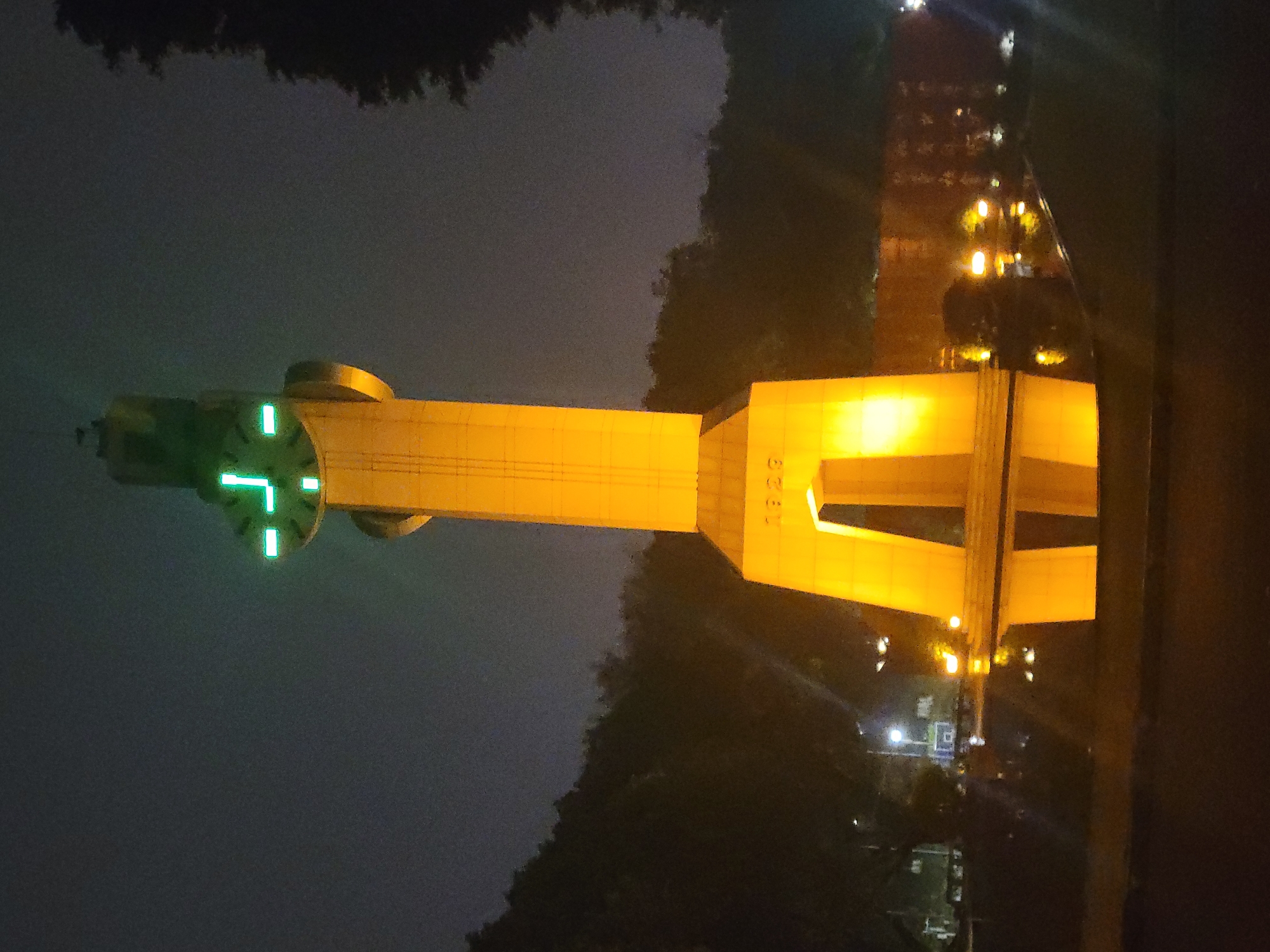 The image, when viewed upright, displays a brightly illuminated clock tower or monument at night. The sky is dark, suggesting a clear night, with a slight graininess common in low-light photography. The central subject is a tall, modern-style structure bathed in a warm, yellowish-orange light, creating a stark contrast against the dark surroundings.
The tower has a broad, substantial base that narrows slightly as it rises. On one side of the base, the vertical digits "1966" are clearly visible, possibly indicating a significant year related to the monument. Towards the top of the tower, a circular clock face stands out, glowing with a vibrant green light. Its hands are represented by illuminated green bars, appearing to indicate a time of approximately 10:10 or 2:50.
Surrounding the tower, especially in the background and along the edges of the frame, are dark silhouettes of dense foliage, likely trees, suggesting a natural or landscaped setting. In the lower portion of the image, a dark, reflective surface indicates the presence of a body of water, such as a river or lake. The illuminated tower and distant lights are clearly mirrored on this surface. A few bright, scattered lights are visible on what appears to be the opposite bank of the water, possibly from streetlights or buildings. No people are visible in the scene. The overall impression is a serene and monumental nighttime view.