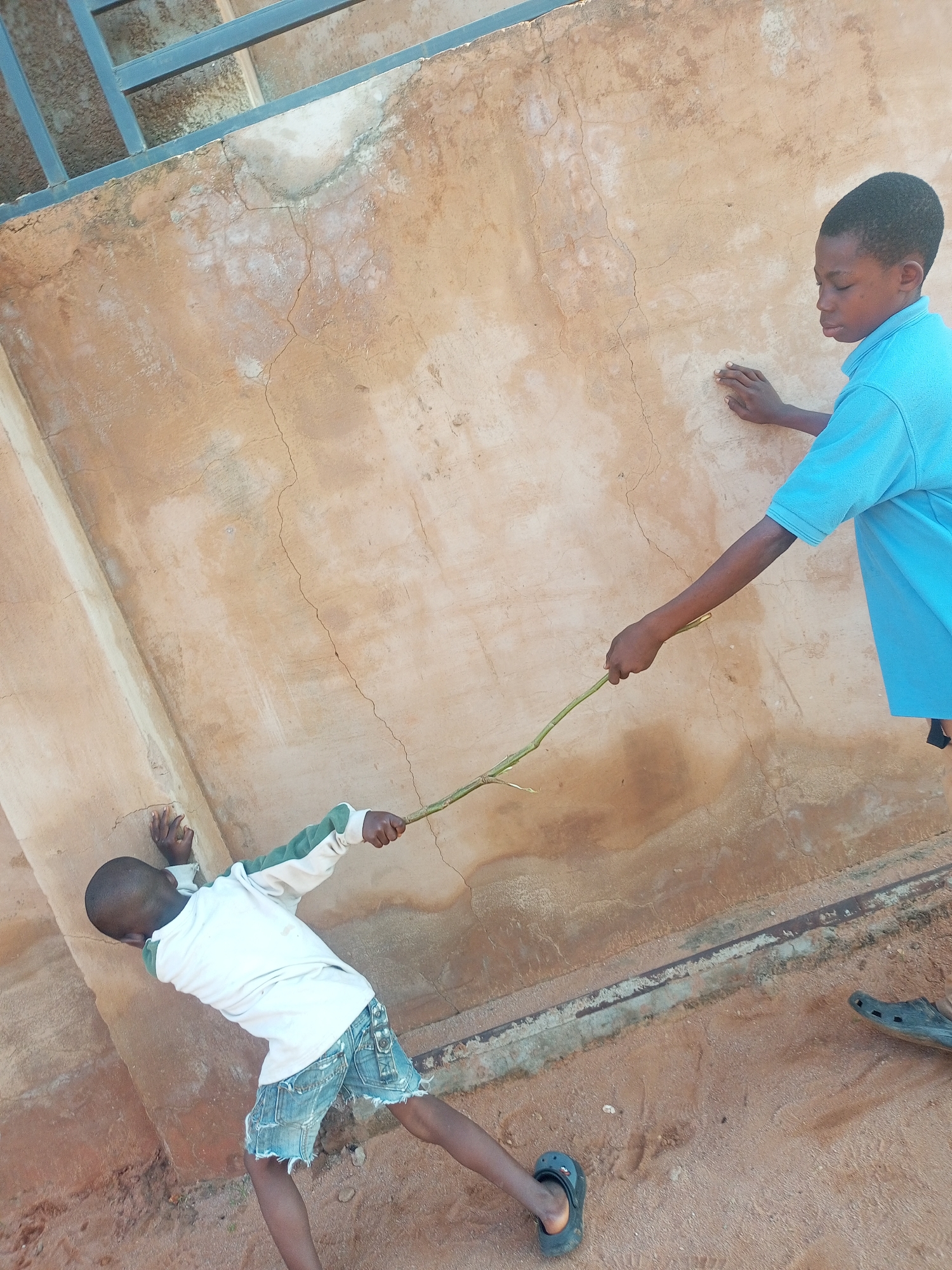 Two young boys are interacting outdoors, near a weathered, rough-textured, tan-colored wall. The wall appears to be made of concrete or stucco, with visible cracks and stains. The ground is sandy and uneven.
The boy on the right, wearing a bright blue short-sleeved shirt, is facing the wall with his right arm extended. He is holding a thin, green stick with his right hand, and appears to be touching the wall with his left hand.
The boy on the left, wearing a white long-sleeved shirt with green accents on the sleeves and distressed denim shorts, is positioned lower and facing away from the camera. He is leaning against the wall and holding the other end of the green stick with his right hand. His left arm is reaching towards the wall.
In the background, a dark metal railing is visible at the top of the image. The overall lighting suggests it is daytime, with shadows indicating a light source from the left.
The scene does not provide specific indicators to determine its exact location within Tempure, Nigeria, beyond being an outdoor area with a distinct wall structure.