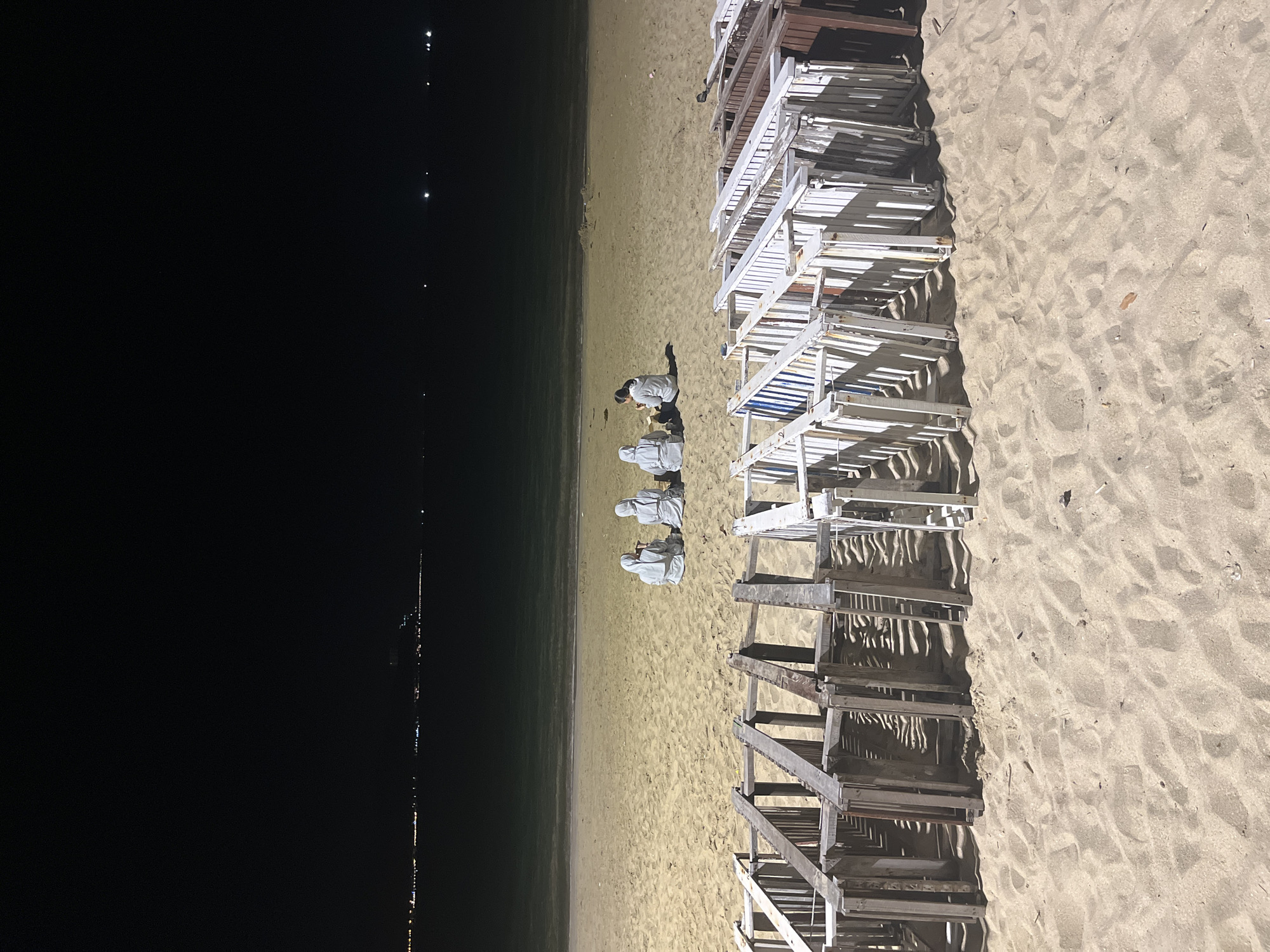 Scene at an unidentified beach in the city of Unknown, Unknown, under nighttime conditions. The foreground features a row of unoccupied beach chairs, made of wood and painted white, casting shadows on the sand. Further into the scene, five figures, possibly human, are present on the beach; all are clad in light-colored hooded garments. The figures are positioned in a row, their heads lowered, and appear to be involved in an unspecified activity. In the background, the beach transitions to the ocean, and the horizon is partially illuminated by faint lights, possibly from a distant city or structures.