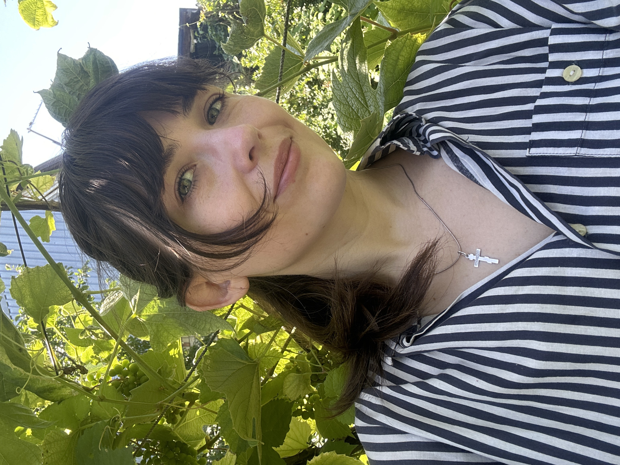 A medium close-up selfie shows a young woman with dark brown hair pulled back in a ponytail, wearing a black and white striped collared shirt. She has bangs that fall across her forehead and green eyes. A silver cross necklace is visible around her neck. She is outdoors, with lush green leaves and vines framing her face and shoulders. In the background, a light blue corrugated metal structure is visible, suggesting an outdoor setting like a garden or agricultural area. The lighting indicates it is daytime, with sunlight filtering through the leaves. The location is stated to be Zvonarevka, Russia.