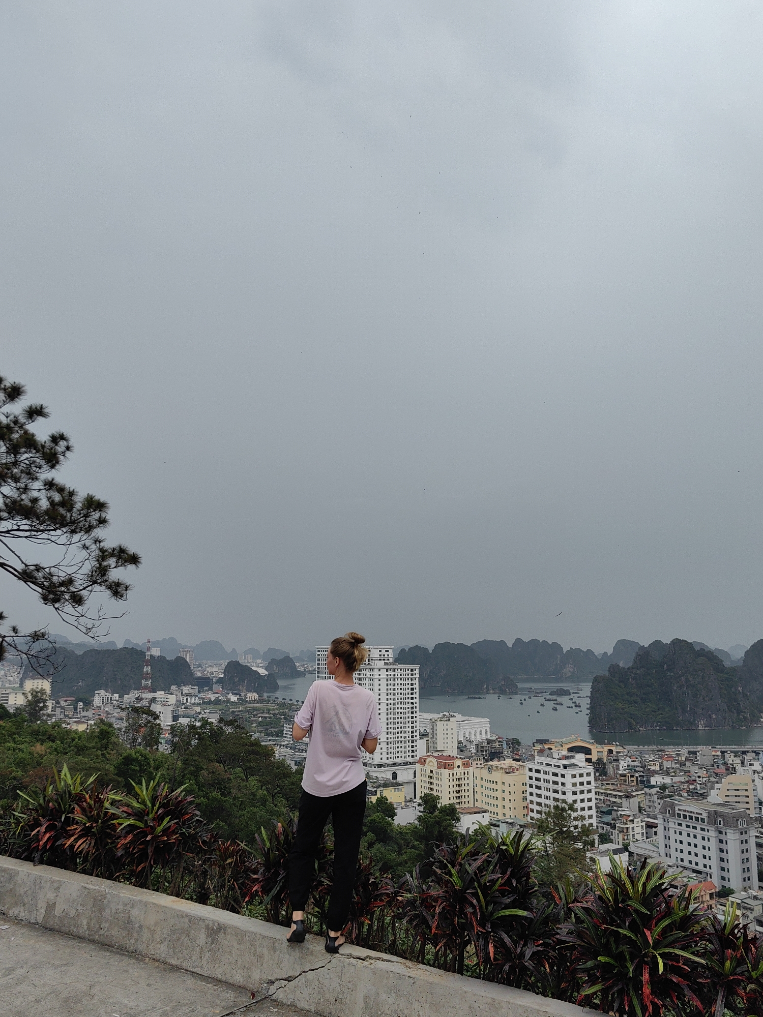 A woman stands on a concrete ledge, overlooking a cityscape and bay. She is wearing a light purple t-shirt and black pants, with her blonde hair in a bun. Her back is to the camera. The city is dense with buildings of varying heights and architectural styles. In the bay, numerous limestone karsts rise from the water, with boats scattered around them. The sky is overcast and grey. In the foreground, there are vibrant plants and a pine tree branch. The city is identified as Hong Gai Ward, Vietnam.