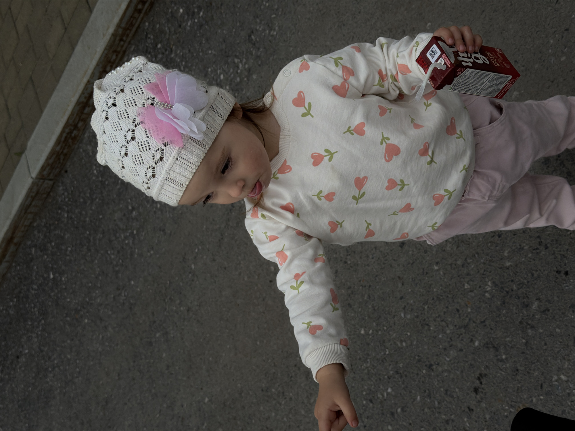 A young child, likely a toddler, is captured from a high-angle perspective, standing outdoors on a paved surface, possibly a sidewalk or road. The child is wearing a white knit cap adorned with decorative pink and white flowers and beads, and a long-sleeved white shirt patterned with small pink tulips and green stems. They are also wearing light pink pants.
The child is holding a small, dark red cardboard box in their right hand, which appears to be a drink or snack package. Their tongue is slightly sticking out, suggesting engagement with the object or perhaps a moment of concentration or playfulness. The scene appears to be casual, possibly during daytime given the lighting. The background shows a textured grey paved surface and a glimpse of a light-colored brick or concrete structure on the left.
The box in the child's hand has visible text, including a barcode and some Russian Cyrillic lettering. One visible word appears to be "ШОКОЛАД" which translates to "chocolate." There are also some English words and nutritional information printed on the packaging. The overall impression is a candid moment of a child enjoying a treat outdoors.