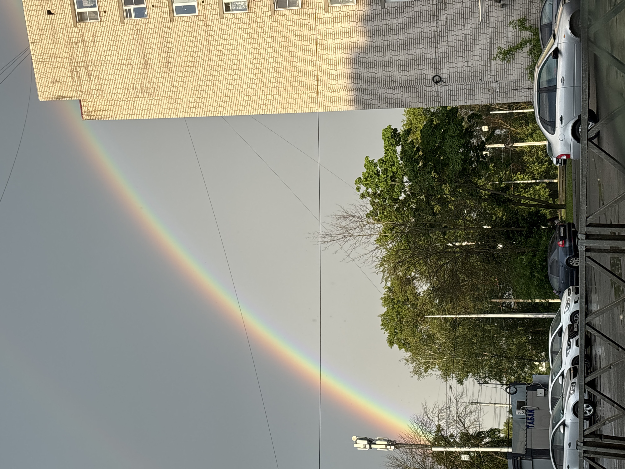 A rainbow arcs across a gray, overcast sky, with the lower portion of the arc visible behind a dense cluster of green trees. To the right of the image, a multi-story brick building with visible windows dominates the scene, casting a shadow on its lower facade. In the foreground, several cars are parked on a wet street, their reflections visible in the puddles. A tall telecommunications tower is situated on the left side of the image, near a small building with Cyrillic text that reads "ТАБАК". The overall scene depicts an urban environment in Rusanovo, Russia, during or after a rain shower.