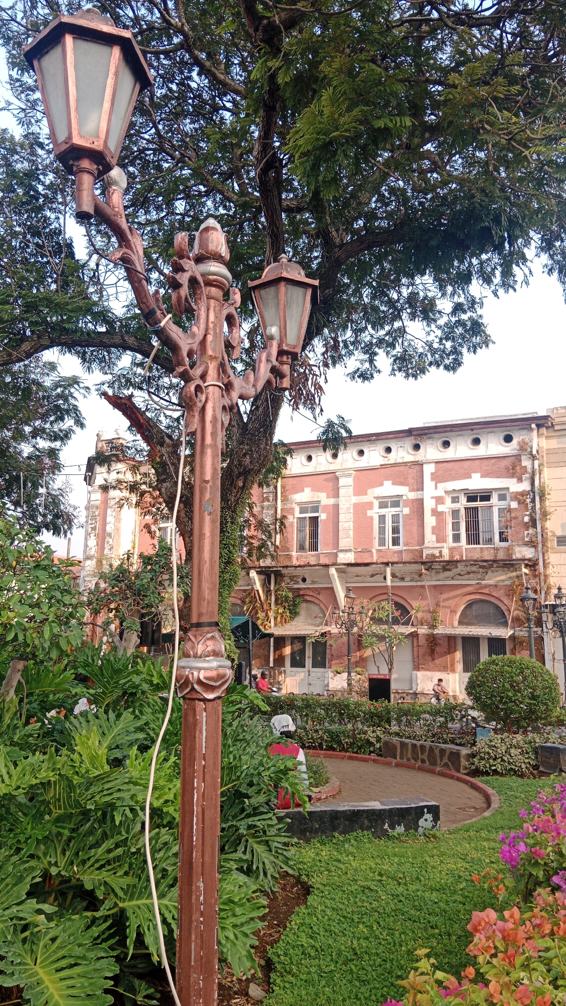 The image depicts a serene park scene in Semarang, Indonesia, likely on Jalan Pemuda, known for its historic colonial architecture. In the foreground, an ornate copper lamppost stands tall, adorned with intricate scrollwork and two lamps. Lush green foliage, including large-leafed plants and neatly trimmed hedges, surrounds the lamppost and forms a pathway leading into the park.
Behind the greenery, a majestic, mature tree with sprawling branches provides shade. The background reveals a row of old, red-brick buildings with white accents, characteristic of colonial-era architecture in Semarang. These buildings feature arched windows and multiple stories. Several people are visible in the park, some walking, others sitting, enjoying the pleasant atmosphere. One person is seated on a bench within the park, while others are near the entrance of the buildings, and a person on a red motorcycle is also visible in the background. The sunlight suggests it is daytime, casting soft shadows and highlighting the textures of the scene.