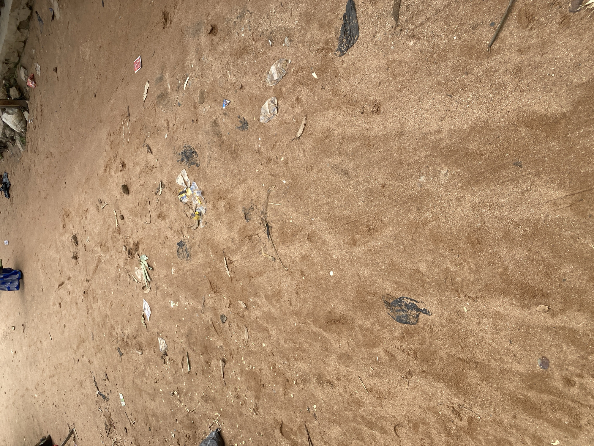The image depicts a close-up, high-angle view of a sandy surface littered with debris. The scene appears to be an outdoor area, possibly a beach or a well-trafficked sandy path, given the texture of the ground and the scattered organic matter. The sand is a light brown color with visible granules and some patches of dampness.
Scattered across the sand are various pieces of trash, including plastic bags, wrappers, and small fragments of paper. Some of the plastic bags are black and appear somewhat crumpled, while others are translucent. There are also a few pieces of what looks like dried leaves or other organic debris. In the upper left quadrant of the image, a small, red and white rectangular object, possibly a cigarette packet or a small box, is visible. Towards the bottom left, a blue and black striped object, possibly a piece of fabric or a bag, is partially visible.
The lighting suggests it is daytime, with no strong shadows indicating a specific time of day. The weather appears to be dry, as the sand is not heavily saturated, although some darker patches might indicate recent moisture. There are no people clearly visible in the frame, but the presence of footprints or indentations in the sand suggests recent activity. The overall impression is one of an unkempt, possibly public space that has accumulated litter. The location context of Jalingo, Nigeria, does not provide specific visual cues within the image itself, but it frames the setting as an urban or semi-urban environment.