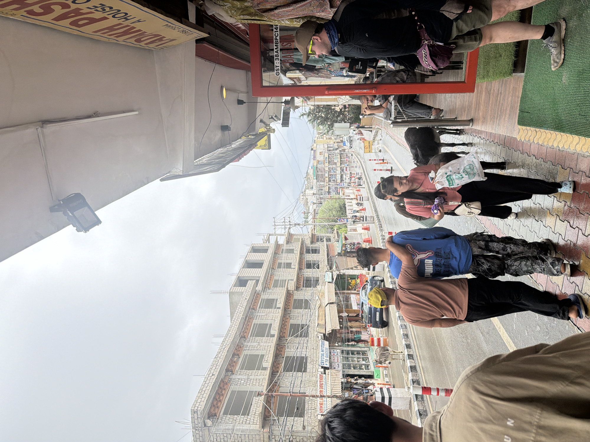 The image captures a street scene in Leh, India, likely along a main thoroughfare. The foreground features several individuals, with a person in a tan jacket facing away from the camera, partially obscuring their face. To their right, two men walk side-by-side; one in a brown shirt and yellow cap, the other in a blue Puma t-shirt and camouflage pants, with the latter man's arm around the former's shoulder. A woman in a pink top and black pants walks with a white plastic bag, a small black animal, possibly a donkey, is nearby.
The background reveals a multi-story building, possibly under construction, with exposed brickwork and numerous windows. A street runs alongside the buildings, with parked cars and traffic cones visible. Shops with awnings line the street, displaying goods and signage. One sign prominently reads "LADAKH PASHM", suggesting a shop selling Pashmina products. The sky is overcast, indicating a cloudy or possibly rainy day. The overall atmosphere appears to be that of a busy, commercial street in a mountainous region.