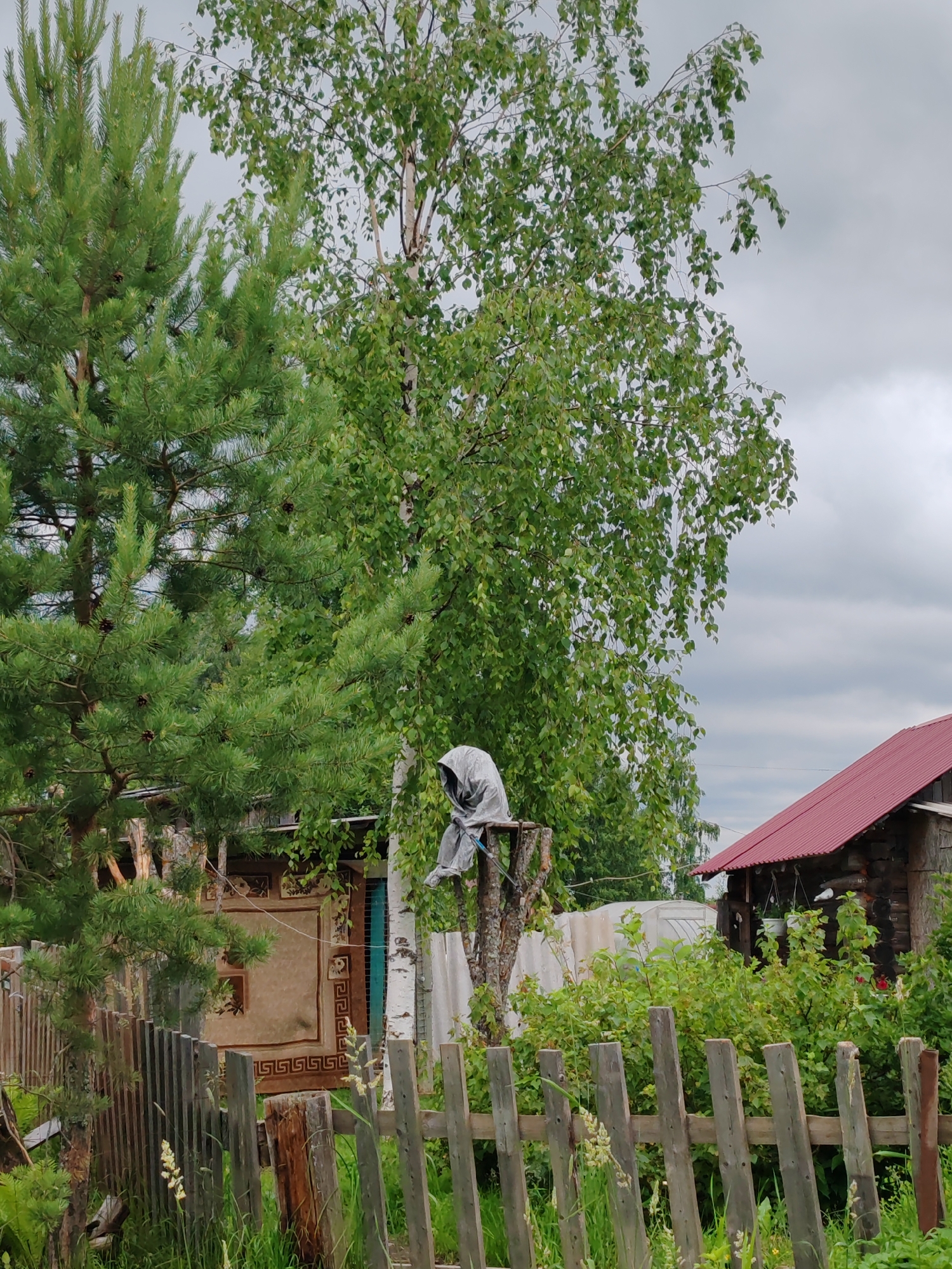 A rustic scene unfolds in Чухлэм, Russia, featuring a wooden fence in the foreground. Behind the fence, a collection of structures are visible, including a house with a red metal roof and a smaller building adorned with a decorative rug on its exterior wall. Amidst the greenery of trees and bushes, a single, grey, shrouded figure is perched atop a wooden post, its form suggesting a humanoid shape, though the details are obscured. The sky above is overcast, contributing to a subdued atmosphere.