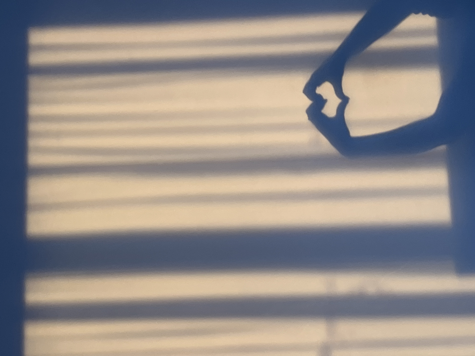 The image shows a shadow cast on a wall, likely indoors. The shadow pattern consists of horizontal stripes resembling venetian blind shadows. A partial silhouette of a person's arm and hands is also visible in the shadow. The hands are positioned to create a heart shape. The photograph does not provide enough information to determine a specific location within Kribul, Bulgaria. There is no information provided suggesting that this image was taken in Kribul, Bulgaria.