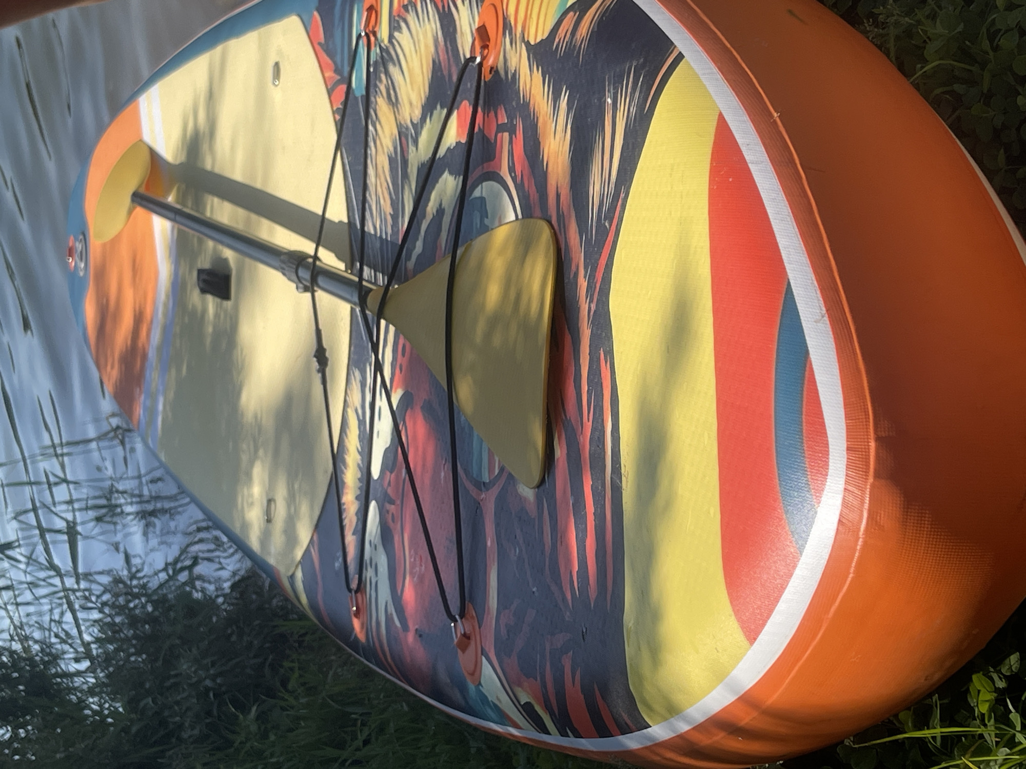 An inflatable stand-up paddleboard with a colorful, abstract graphic print, featuring shades of orange, yellow, red, blue, and black, rests on the grassy bank of a body of water. A yellow paddle is placed on top of the board, secured by black bungee cords attached to orange D-rings. The paddleboard is positioned so its front end is closest to the viewer, with the water visible in the background. The water is calm, with reflections of vegetation. The environment suggests a natural setting, likely a lake or riverbank, in the vicinity of Рыбхоз, Russia. There are no people visible in the image. The lighting suggests it is daytime, possibly late afternoon, with some shadows cast on the paddleboard.
