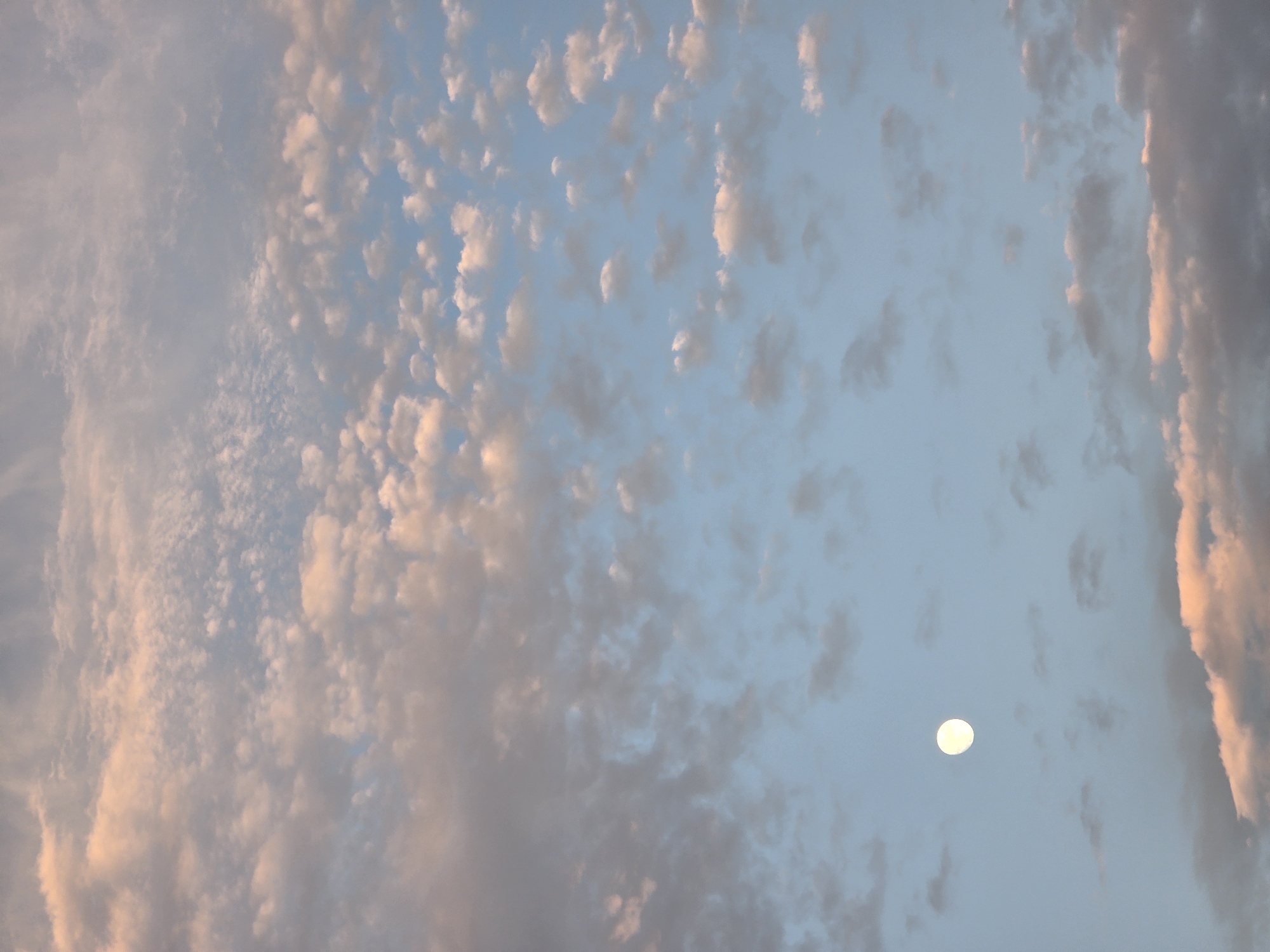 The image shows a twilight sky in Podgorica, Montenegro, filled with cumulus and cirrus clouds illuminated by the setting sun, giving them a pinkish hue. The moon is visible as a small, bright orb in the lower right portion of the frame. No people, subjects, objects, actions, or interactions are visible.