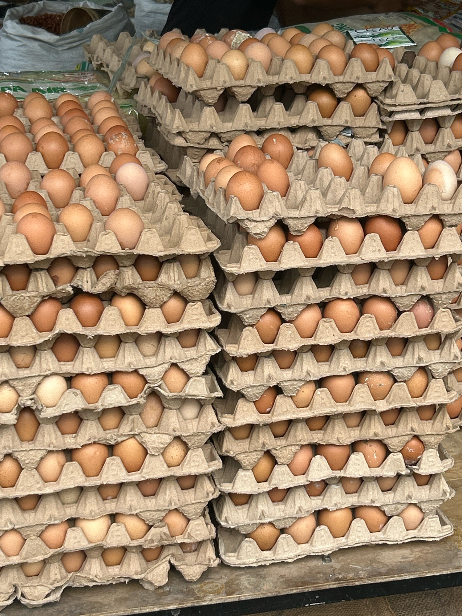 In Banda Aceh, Indonesia, a market stall displays stacks of brown and white eggs packed in cardboard cartons. The cartons are arranged in multiple rows, creating a textured, tiered display. The eggs, varying slightly in shade from pale beige to a richer brown, are nestled securely in their individual compartments. Some cartons appear full, while others show gaps where eggs may have been removed or are not present. The background suggests a bustling marketplace environment with glimpses of other goods and possibly people, though they are out of focus. The lighting is natural, highlighting the texture of the eggshells and the cardboard packaging.