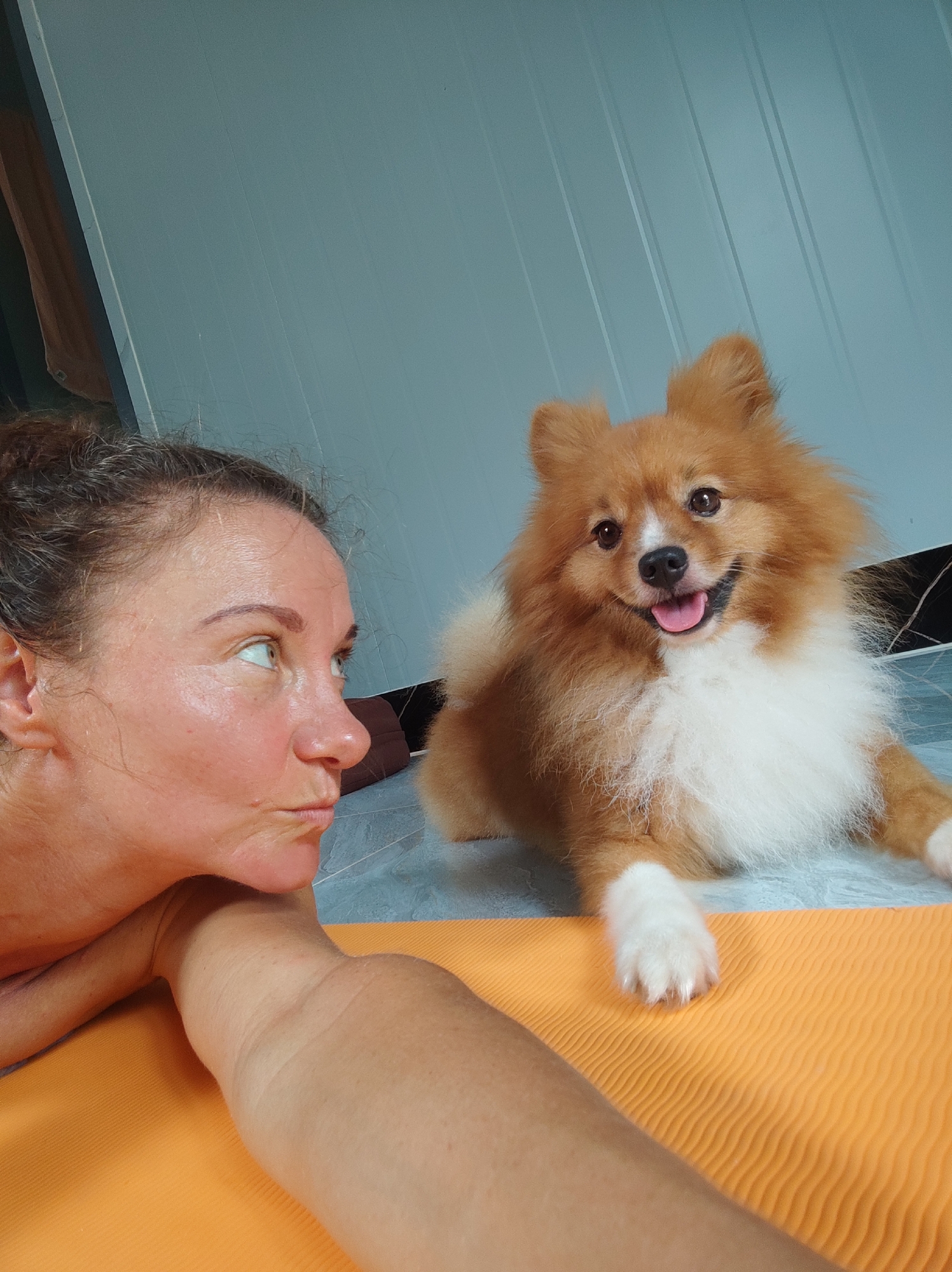 An indoor scene in Unknown, Unknown, depicts a woman and a Pomeranian dog on a light blue-grey floor with an orange yoga mat. The woman, an adult with brown hair pulled back, lies on her left side, resting her head on her left forearm which is positioned on the orange mat. Her face is in profile, looking towards the right with a slightly pursed-lip expression, indicating a playful or observant gaze. Her skin appears moisturized, and subtle wrinkles are visible around her eyes. To the right of the woman, a fluffy, orange and white Pomeranian dog lies facing forward, its body slightly angled towards the camera. The dog has a bright, open-mouthed expression with its pink tongue visible, appearing to smile directly at the viewer. Its front paws, white with black pads, are extended onto the orange mat. The background consists of a light blue-grey wall with vertical lines, possibly paneling, extending upwards. A darker brown object, possibly a curtain or part of a door, is partially visible on the far left side of the frame, and a dark shadow or object is near the floor on the far right.