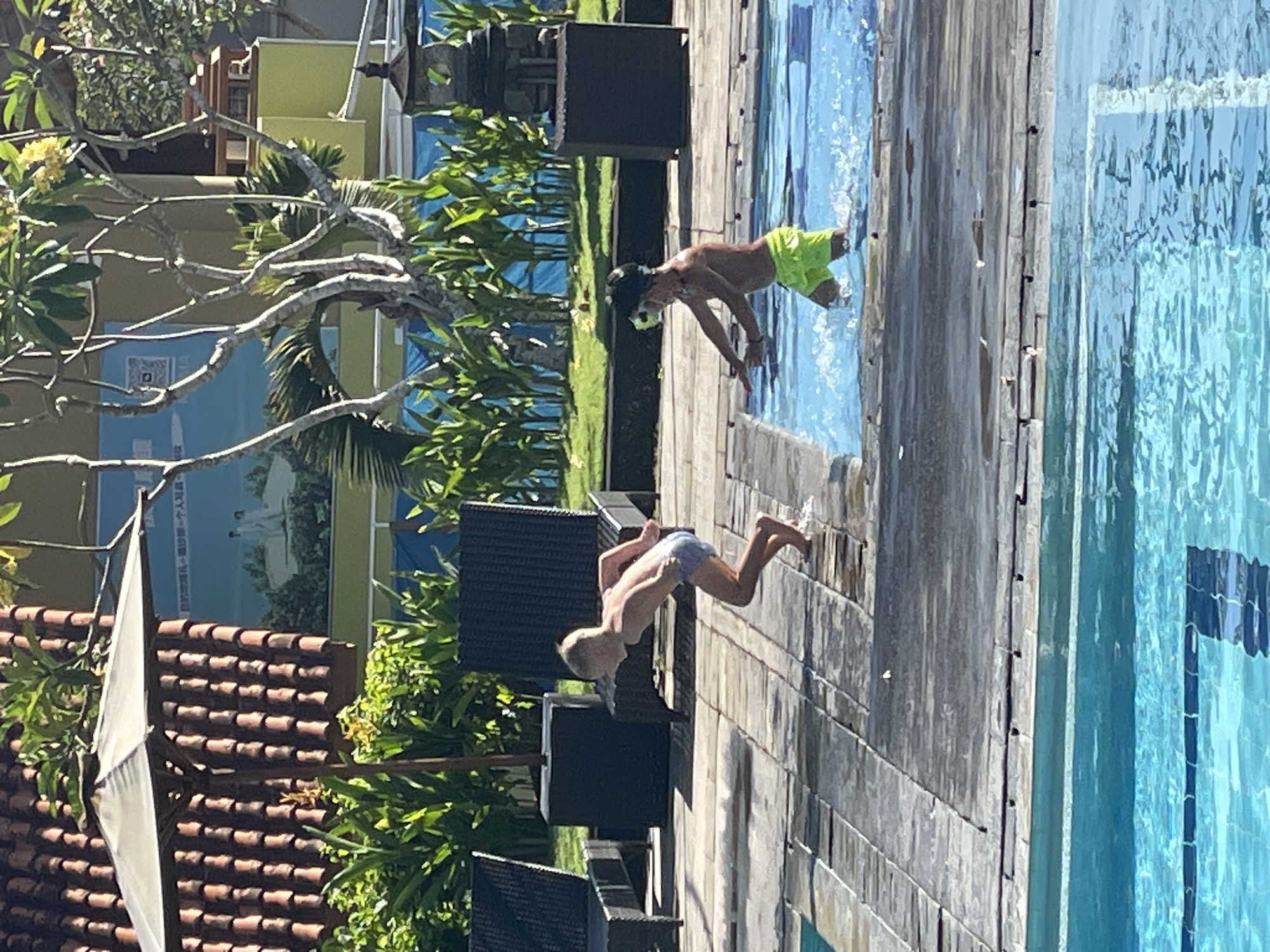 In Kuta Selatan, Indonesia, on a sunny day, two young boys are playing by a swimming pool. The boy on the left, with blond hair, is captured mid-jump from the tiled pool deck into the water. He is wearing light blue swimming trunks. The boy on the right, with darker hair, is already in the pool, wearing bright yellow swimming shorts and goggles. He is splashing water with his hands. The pool area is surrounded by a tiled deck and lush green vegetation. In the background, a building with a tiled roof is visible, along with outdoor furniture like lounge chairs and an umbrella.