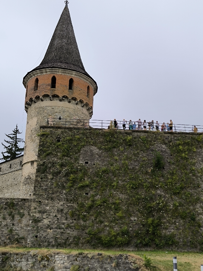The image displays a section of the Kamianets-Podilskyi Castle in Kamianets-Podilskyi, Ukraine, under an overcast sky. A tall, cylindrical stone tower with a conical dark shingled roof and a finial dominates the left side of the frame. The tower features a light-colored stone base, topped by a reddish-brown brick section with arched openings and decorative corbels. Adjacent to the tower, a large, dark gray stone wall extends rightward, heavily covered with green vegetation and numerous small white flowers. Small, dark, rectangular openings are visible across the wall's surface. Approximately 15 to 20 individuals are positioned along the top of this wall, standing behind a dark metal railing and observing the surroundings. A coniferous tree is partially visible behind an additional stone wall section to the tower's left. The immediate foreground below the main wall consists of green grass and scattered stones.