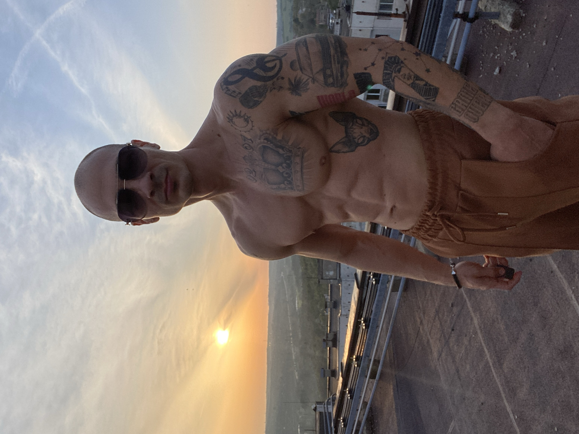 A bald, muscular man with tattoos on his torso and arms stands on a rooftop at sunset. He wears sunglasses and brown pants. The environment includes a cityscape and a fading sun. The location is Pleven, Bulgaria.