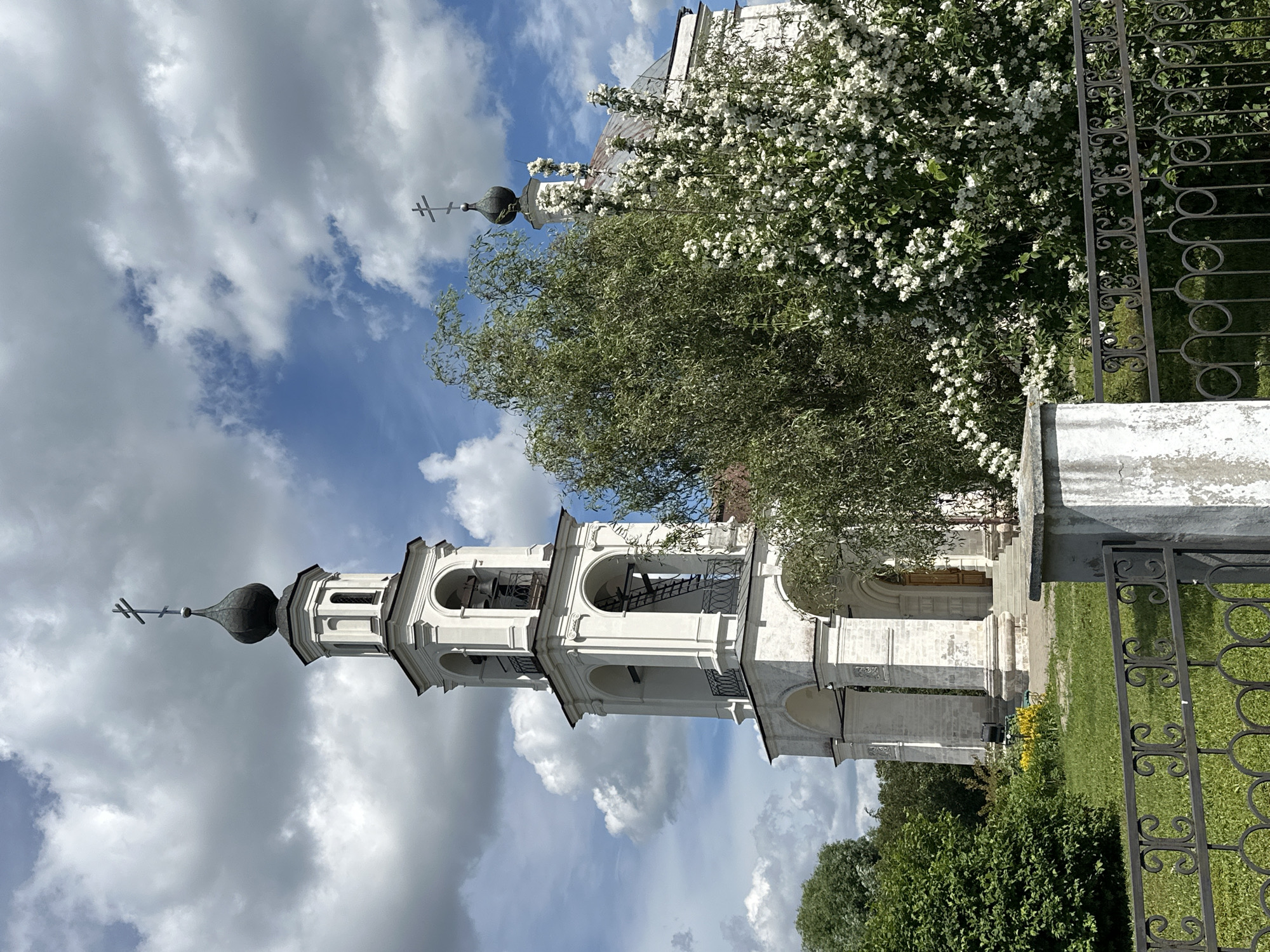 The image shows a bell tower of a white stone church with a dark onion dome and a cross on top, set against a backdrop of a blue sky with dramatic white clouds. A large tree with white blossoms is in full bloom to the right of the tower, its branches reaching towards the sky. A portion of an ornate black metal fence is visible in the foreground on the right, with a weathered white stone pillar next to it. Lush green trees and grass surround the church. The scene appears to be set during the daytime, likely in late spring or early summer given the blooming tree, and the weather is partly cloudy. The overall impression is one of peaceful, natural beauty within a historic setting, likely in Erino, Russia. There is no visible text in the image.