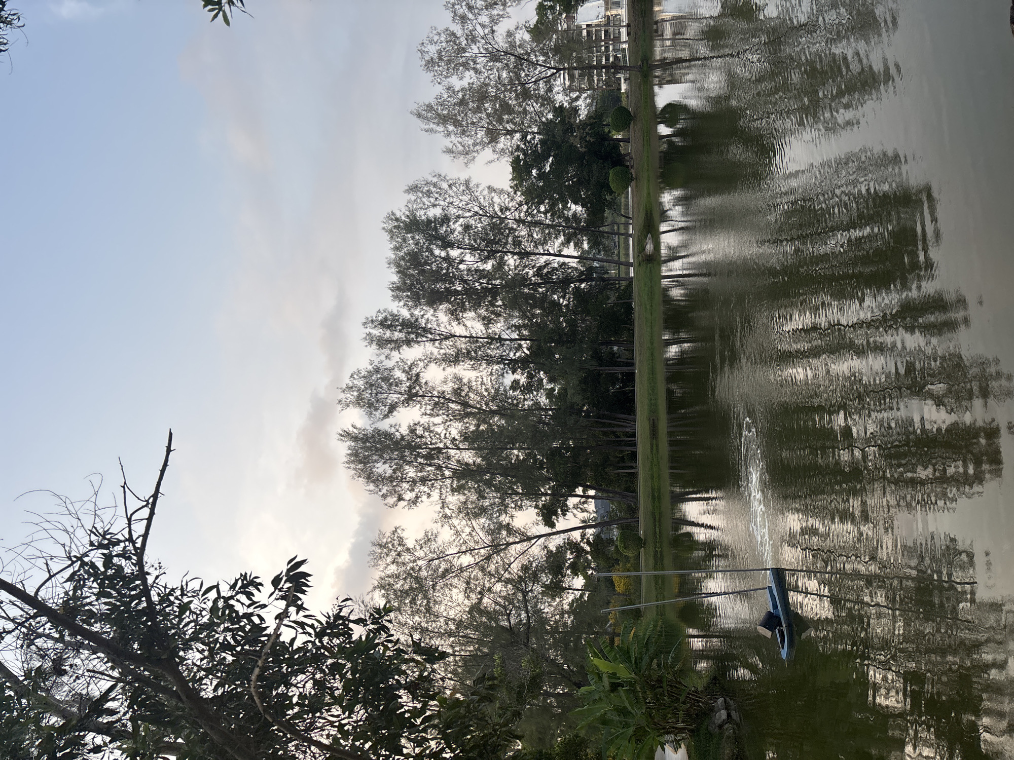 The image shows a pond in Choeng Thale, Thailand. The water is reflecting the trees and sky. A floating aeration device is visible in the pond. Vegetation surrounds the pond's edge. The sky is overcast.