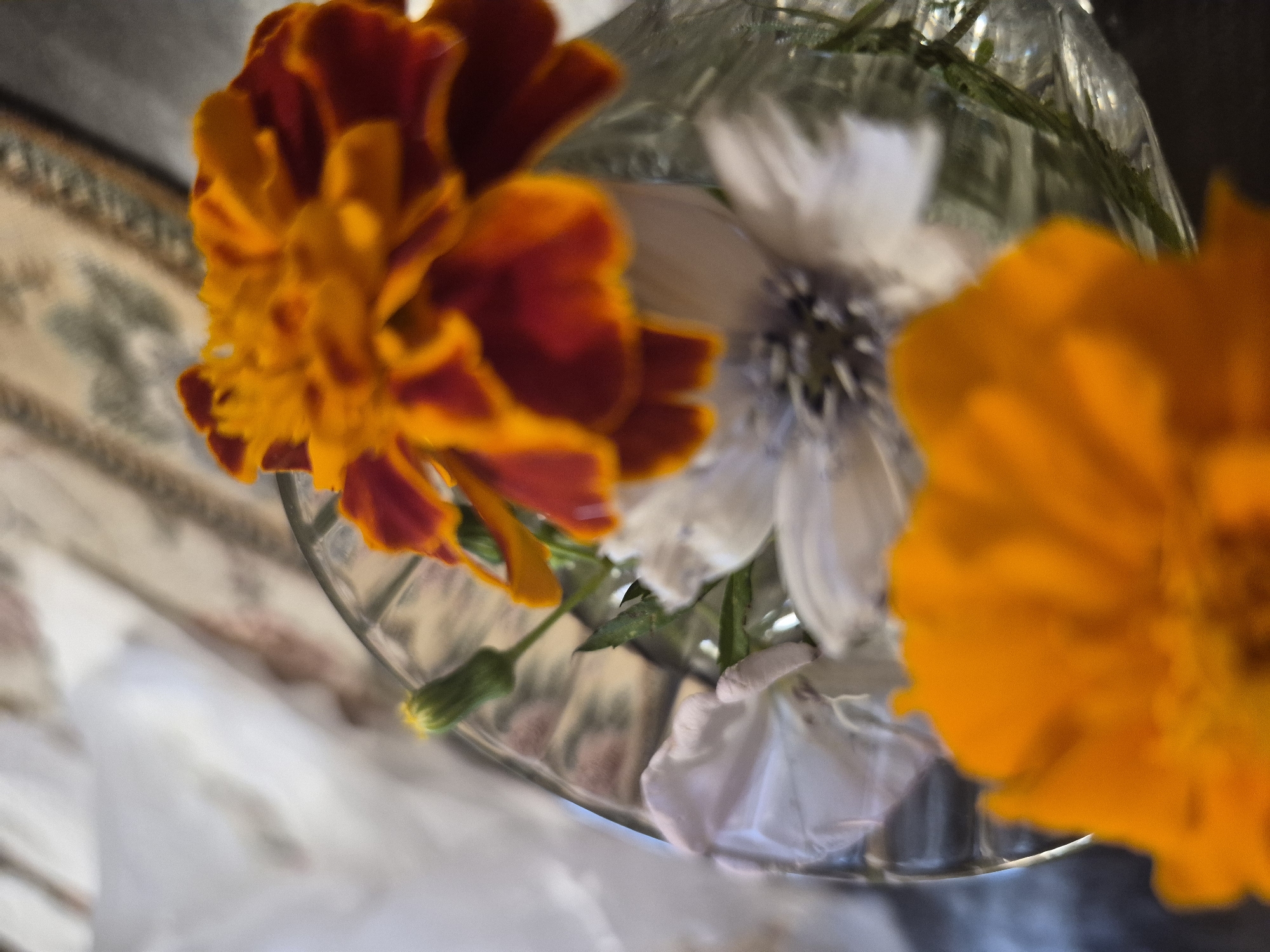A shallow depth of field shot shows a bouquet of flowers in a glass vase, with a shallow focus. On the left, a large marigold bloom with red and orange petals is partially obscured by the rim of the vase. To its right, a white flower with delicate petals is visible, its center a blur of grey and white. Another marigold, this one a vibrant orange, is in the foreground on the right, with its petals blurred. A small green bud with a yellow tip is also visible on the left side of the vase, indicating new growth. The flowers are arranged in a glass vase, which is reflected in the light, suggesting it might be outdoors or near a window. The background is blurred, with hints of a patterned rug or tablecloth in muted colors. The overall impression is one of freshness and natural beauty, possibly captured in a domestic setting. The soft lighting suggests a daytime scene, possibly morning or afternoon. The location is Yerevan, Armenia. There is no visible text in the image.