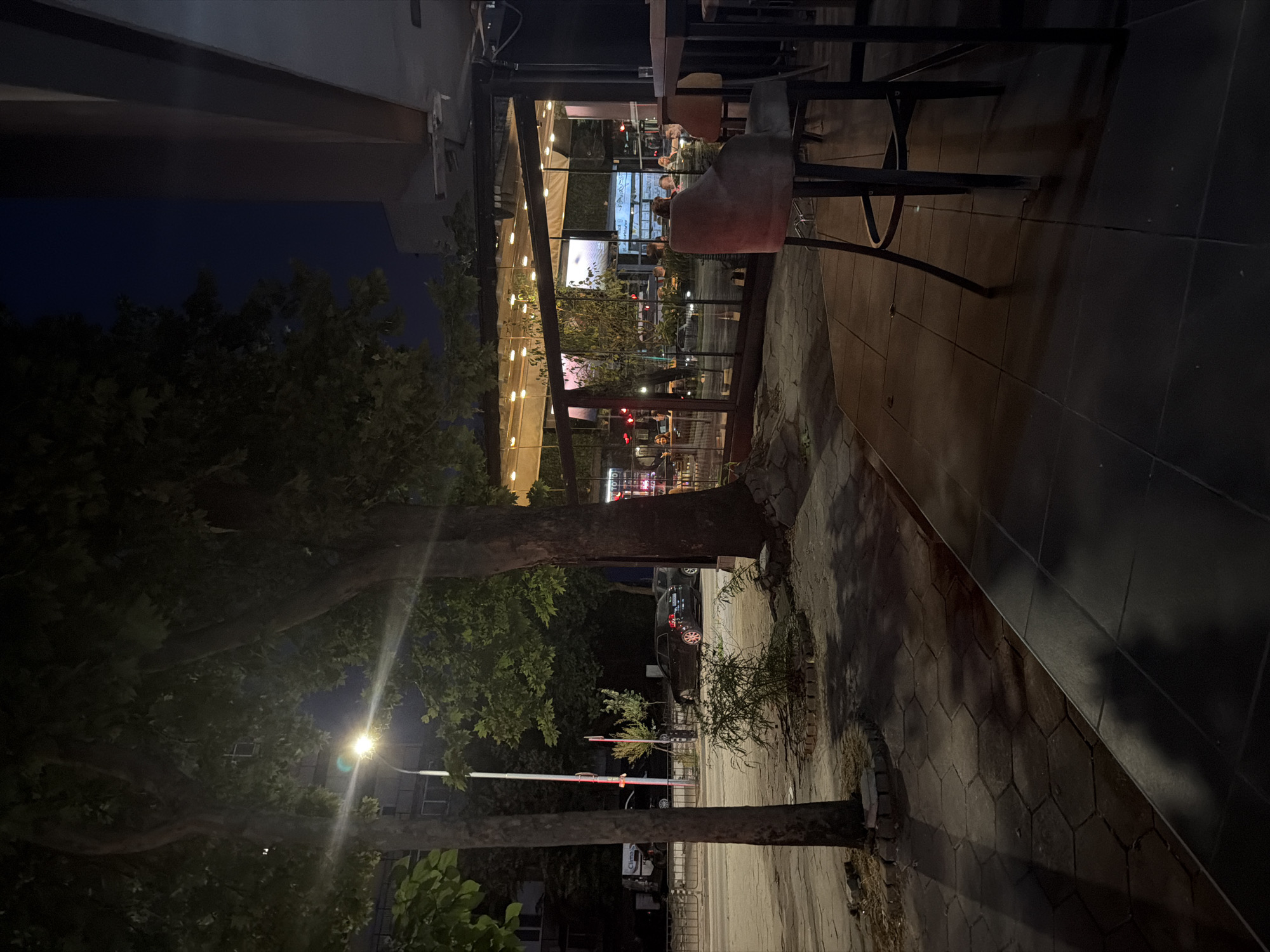 The image depicts an outdoor seating area of a restaurant or cafe at night. The scene is located on a city street in Plovdiv, Bulgaria, as indicated by the building architecture and street lighting which are characteristic of the city.
In the foreground, a dark tiled floor is visible, with shadows cast by an unseen structure or object. A tall bar stool with a reddish-brown upholstered seat and black metal legs is prominently featured to the right. Behind it, a dark table with a black metal frame is partially visible.
The middle ground shows a sidewalk paved with hexagonal tiles. A large tree with dark bark and lush green foliage stands to the left, its branches obscuring part of the night sky and a streetlamp. To the right of the tree, a glass-enclosed section of the establishment is visible, illuminated from within by warm lighting. Inside, several patrons are seated at tables, engaged in conversations and activities. Reflections on the glass reveal the interior lighting and the general ambiance.
Beyond the sidewalk and behind a low metal fence, a street is visible with passing vehicles. A black car is parked on the street, and its taillights are illuminated. Another vehicle, possibly a van, is parked further down the street. The street is lined with trees and buildings. The night sky is dark, indicating the late hour.
The overall impression is one of a lively urban setting at night, with the restaurant's exterior providing a welcoming space for patrons to gather. The lighting from the establishment and the streetlamp create a contrast between illuminated areas and the surrounding darkness.