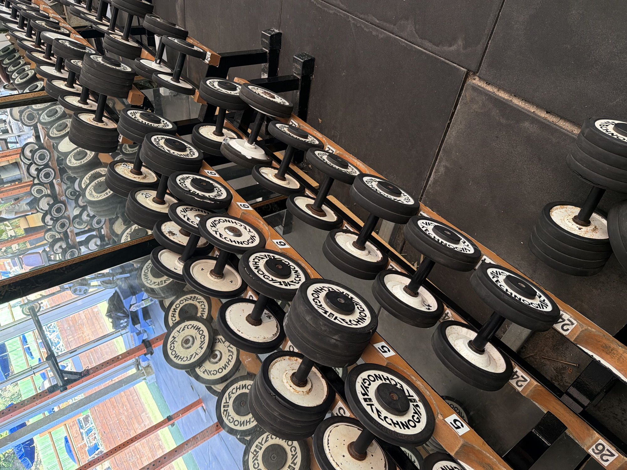 The image shows a rack of dumbbells in a gym. The dumbbells have black rubber plates with white lettering and metal handles. They are arranged in rows on a wooden rack. In the background, there are large windows with reflections of outdoor scenery, including trees and what appear to be lounge chairs and umbrellas, suggesting an outdoor or semi-outdoor gym setting. The flooring is black rubber matting. There is no specific indication of the location being in Rome, Italy. The scene depicts gym equipment ready for use.