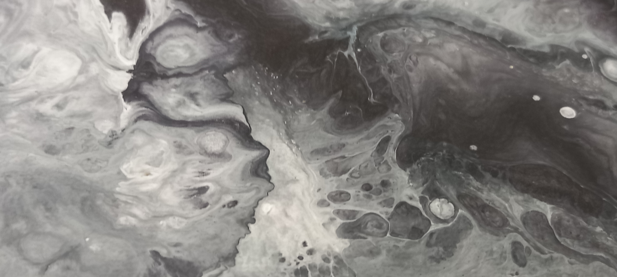 This is a close-up abstract image of a marbling or fluid art technique, likely created with paints or inks on a surface. The image displays swirling patterns of black, white, and various shades of gray. The textures suggest a liquid medium that has been manipulated to create organic, flowing shapes. There are areas with cellular or bubble-like patterns, and other areas with smooth, undulating lines. The image does not depict any recognizable landmarks or scenes from the city of Kryvyi Rih, Ukraine, nor does it contain any people, specific objects, or actions. It is purely an abstract composition of color and form.