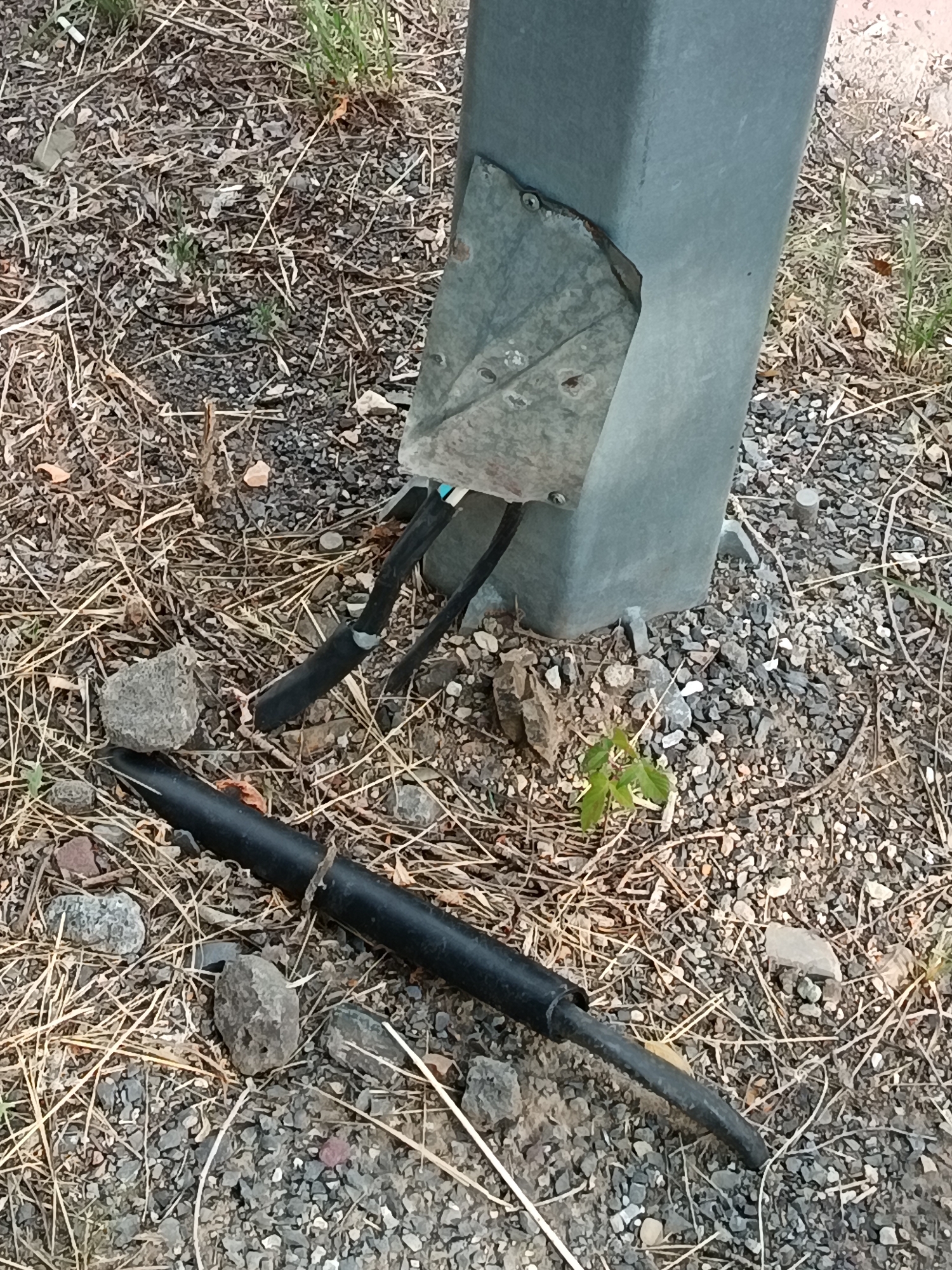 The image depicts a close-up, ground-level view of a gray metal post base in Karaganda, Kazakhstan. The post is surrounded by dry grass, small stones, and gravel, indicative of an outdoor, possibly unkempt, urban or semi-urban environment. A section of damaged metal sheeting is attached to the base of the post with visible rivets, and it appears to be bent and corroded. Two black electrical cables, one thicker than the other, emerge from the base of the post and lie on the ground. The thicker cable appears to have been cut or damaged, with its outer insulation stripped away, revealing the wires beneath. Another section of black cable lies a short distance away, also appearing to be cut or broken. A small green sprout is visible growing near the base of the post, suggesting some attempt at landscaping or natural regrowth. The overall impression is one of disrepair and potential electrical hazard.