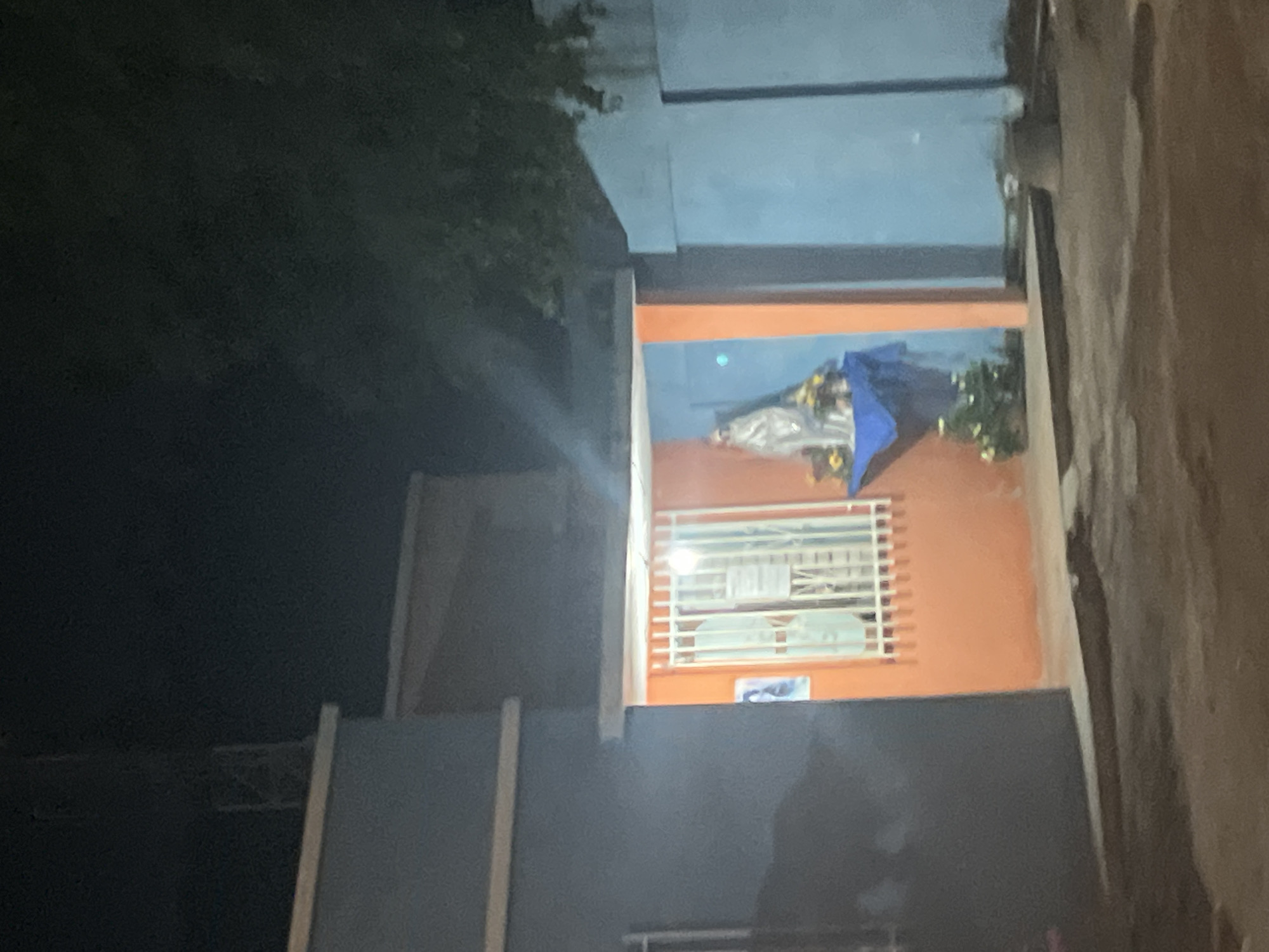 The image depicts an outdoor scene at night, likely in the city of Santa Ana, Venezuela. In the center-left, an orange-colored alcove is visible, featuring a white barred window. Inside the alcove, a statue of the Virgin Mary stands on a blue draped surface, surrounded by floral arrangements. To the right of the alcove, a bright blue wall forms the exterior of a building. A dark gray wall is present on the left side of the image, and a light gray structure is visible above the orange alcove. The foreground shows a rough ground surface, and the background is dominated by dark foliage and a dark sky.