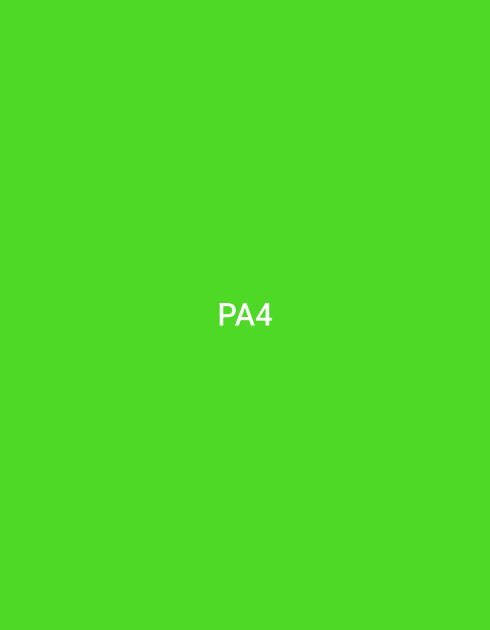 The image displays a uniform, solid field of bright lime green. Centered horizontally and vertically on this green background are the white sans-serif capital letters and numeral "PA4." No other visual elements, such as people, objects, discernible environments, or actions, are present within the image frame.