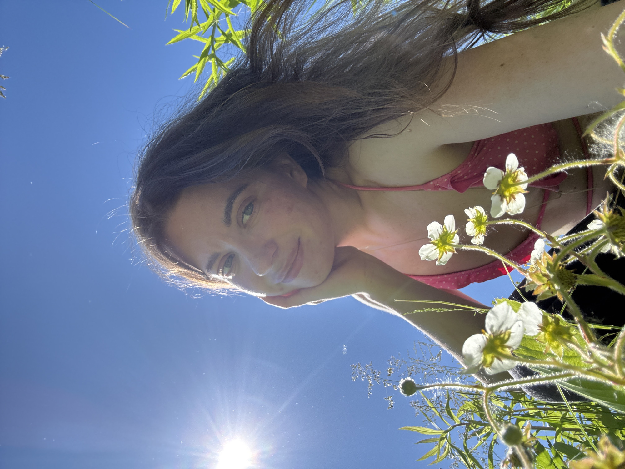 A low-angle, medium shot captures a young woman in a sun-drenched outdoor setting. She is viewed from below, with wildflowers in the foreground obscuring part of her body. The woman has long, dark brown hair, some of which is blowing across her face. She is wearing a pink, polka-dotted top. Her left hand is supporting her chin as she looks towards the camera with a slight smile. The background is a clear blue sky, with the sun creating lens flare in the upper left quadrant. The overall impression is one of a bright, sunny day in a natural environment, possibly a field or park, in Chaikovsky, Russia.