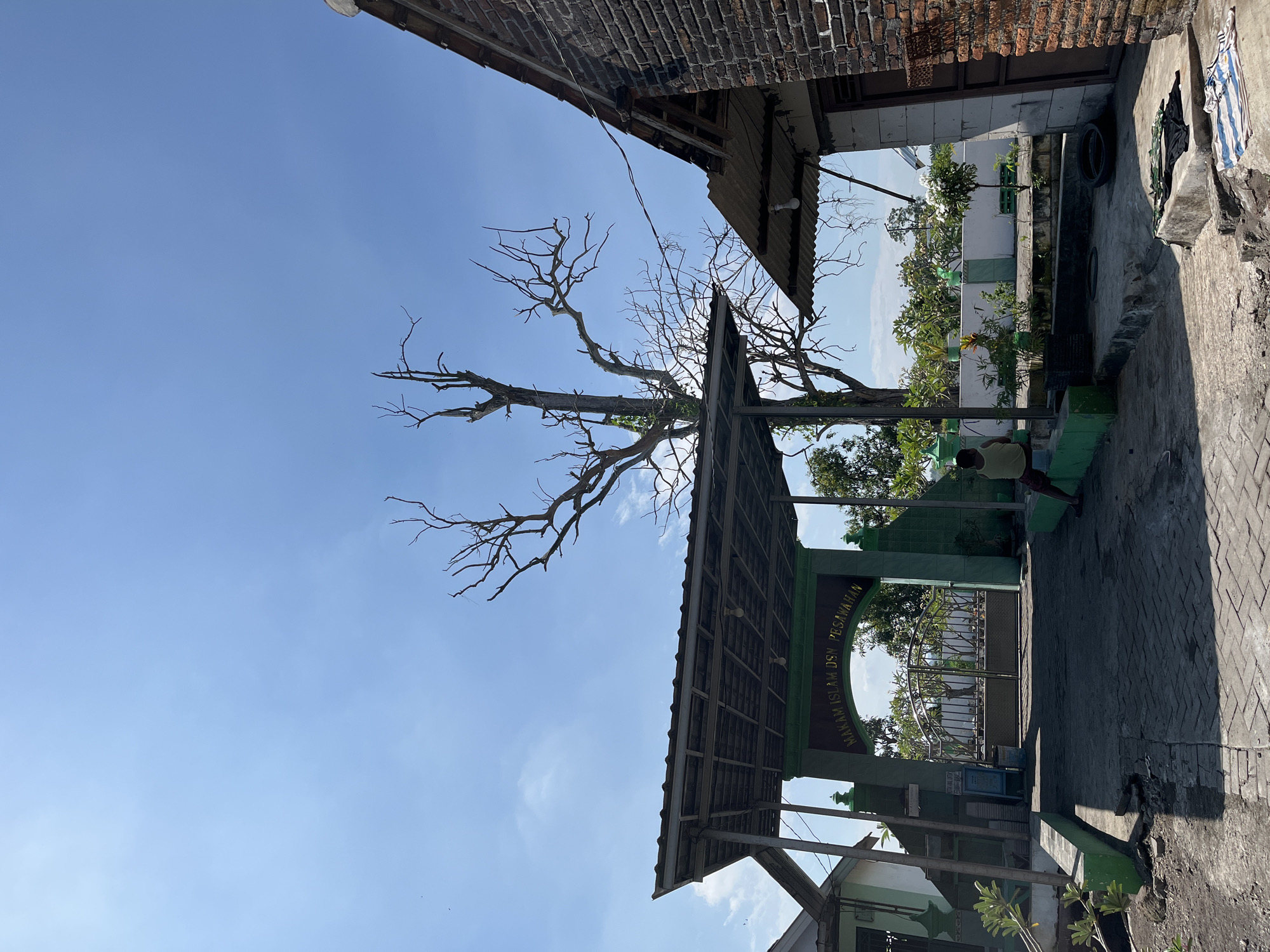 The image depicts the entrance to a cemetery in the city of Pesawahan, Indonesia. A large, bare, dead tree stands prominently against a bright blue sky with scattered clouds. To the left, a covered walkway with a metal roof extends over a paved area. In the center, a green archway with the text "MAKAM ISLAM DSN. PESUSAHAN" is visible, leading to a wrought-iron gate. A person is seated on a green bench to the right of the walkway. To the right of the scene, a brick building with a corrugated metal roof is partially visible, with laundry laid out on the ground in front of it. The environment appears to be an outdoor setting on a sunny day.