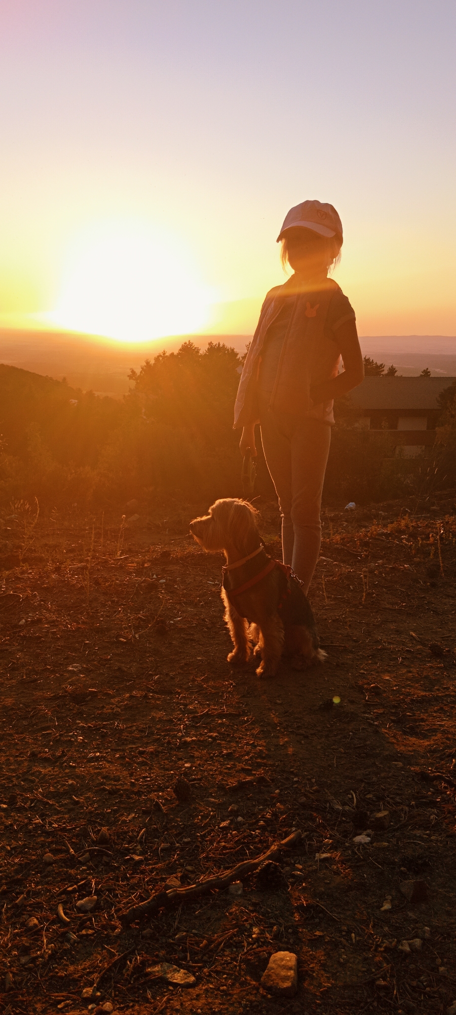 A full-frame vertical shot shows a child and a dog silhouetted against a vibrant sunset over La Pinilla, Spain. The child, wearing a cap and jacket, stands facing away from the camera, while the dog sits attentively in front of them. The ground is covered in dirt, twigs, and small stones. In the background, trees and a building are visible, bathed in the warm, golden light of the setting sun.