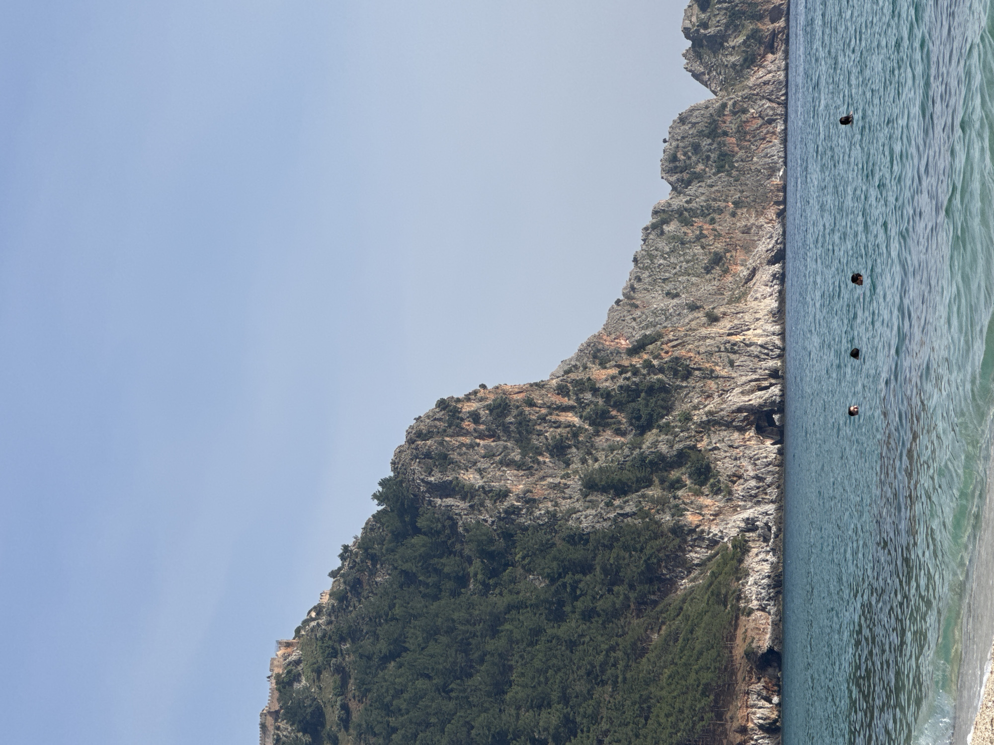 The image depicts a coastal scene in Alanya, Turkey. A large, rocky mountain covered in trees dominates the center of the frame. The mountain meets the edge of the sea. The sea is light blue and green with four dark objects floating on top. The sky is pale blue. The image is vertically oriented.