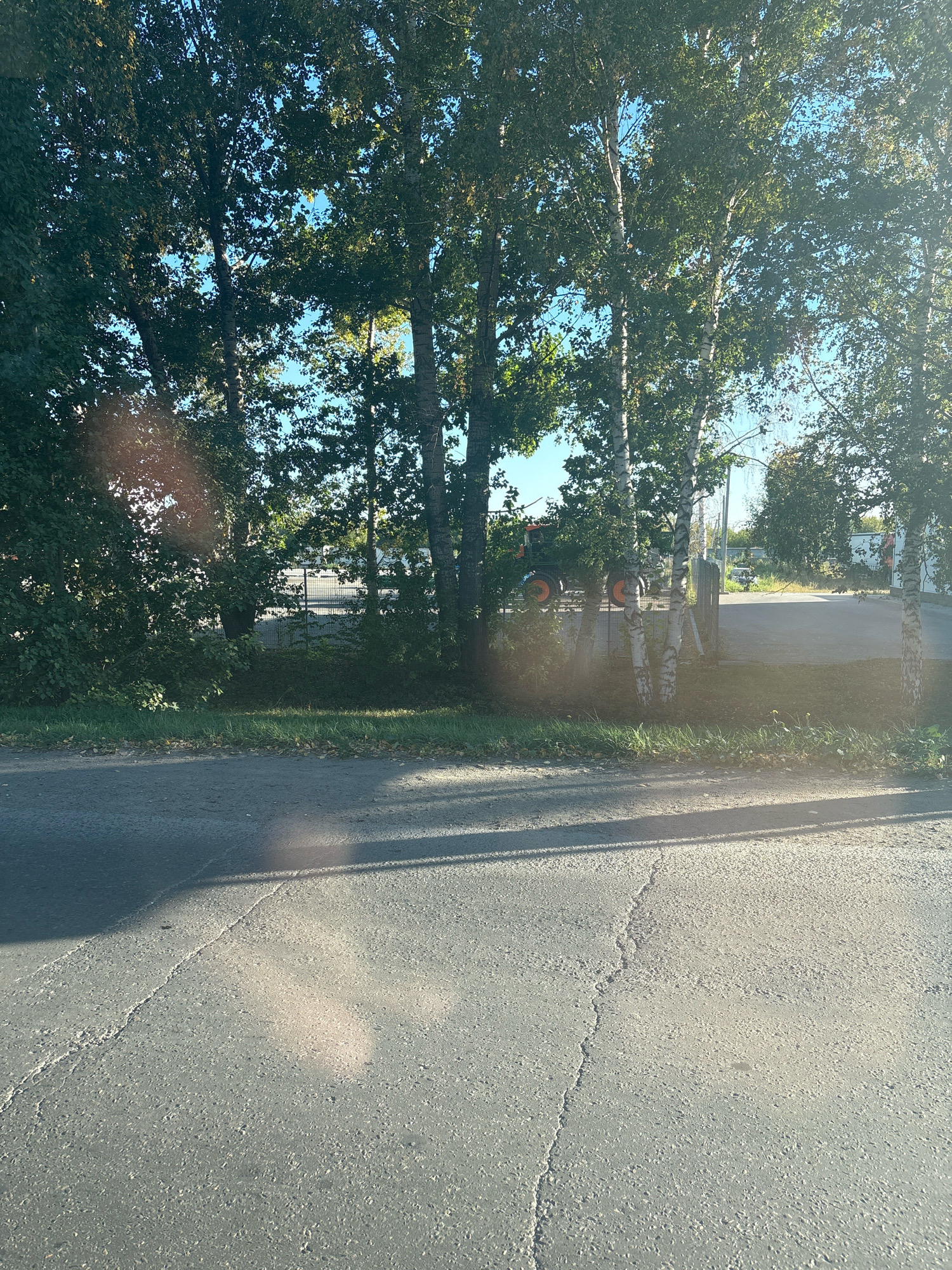 The image depicts a rural or semi-rural scene with a paved road in the foreground, exhibiting some cracks and a dappled shadow from trees. Behind the road, there is a strip of grassy verge with fallen leaves. A line of mature trees, including birches and other deciduous varieties, forms a dense screen. Through a gap in the foliage, a dark-colored tractor with bright orange wheels is partially visible, positioned behind a metal fence. In the background, beyond the trees and fence, a light-colored building with a light gray metal fence in front of it is discernible under a clear blue sky. The lighting suggests it is daytime, likely late afternoon due to the angle of the shadows. The specific location within Barnaul, Russia cannot be determined from the visual information alone.