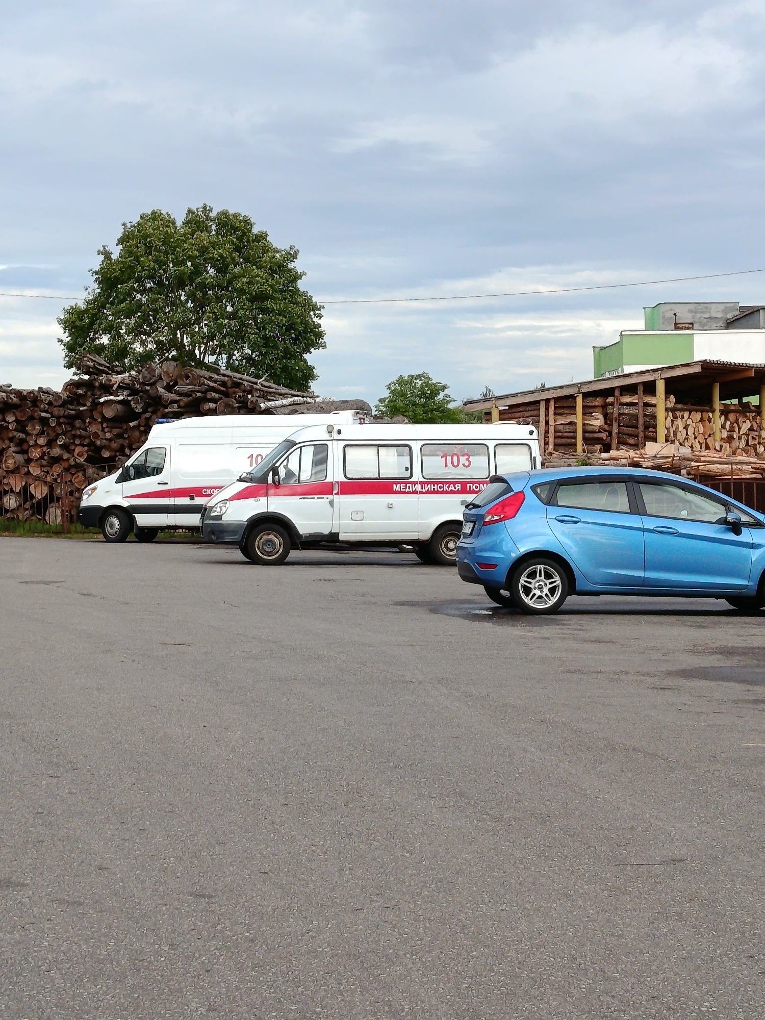 The image depicts an outdoor scene with three vehicles parked on an asphalt surface. In the foreground, a blue hatchback is parked. Behind it, two white vans, one with red stripes and the other with red and white detailing, are visible. The van on the right has "103" and "МЕДИЦИНСКАЯ ПОМОЩЬ" (Medical Assistance) written on its side. To the left of the vans, a large pile of cut logs is stacked. In the background, a green and grey building with a wooden roof structure is present, along with a tree. The sky is overcast with clouds. The location is identified as Смілавіцкі сельскі Савет, Belarus. There are no people visible in the image.