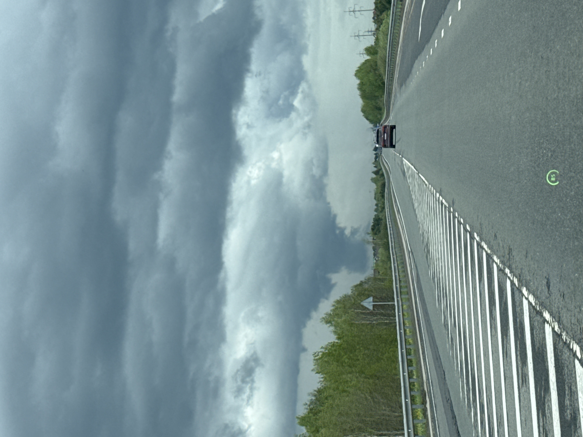 The image shows a section of highway, likely the A181 "Scandinavia" route in Russia, which passes near Chyornaya Rechka. Cars are visible in the distance on the asphalt road. To the sides, there are trees and vegetation along the road's edge. The sky is overcast with dark, heavy clouds. White lane markings define the lanes on the roadway. A highway sign is visible on the side of the road, and a speed limit marker is on the right lane.