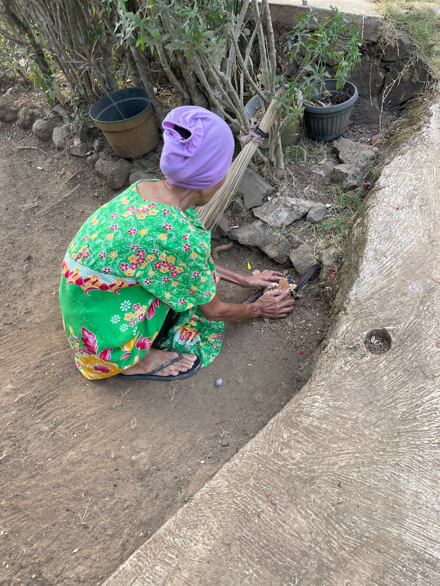 In Datarnangka, Indonesia, a woman wearing a vibrant green floral dress and a lavender headscarf is kneeling on the dirt ground. She is holding a piece of wood in her hands and appears to be interacting with it using a machete. A broom is leaning against a nearby bush. The environment consists of dirt, rocks, and various plants, including some in potted containers. A concrete path runs along the right side of the image.
