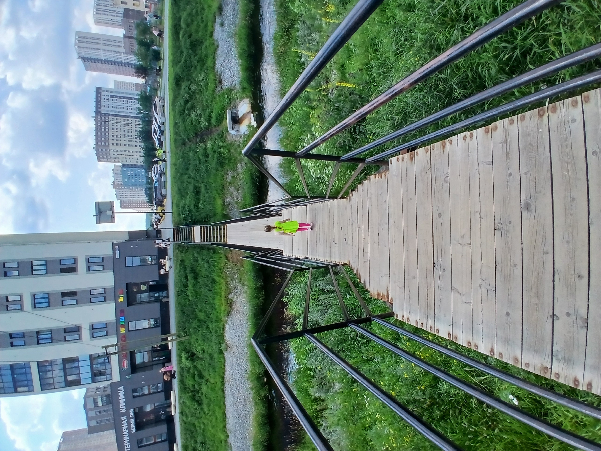 A young girl in a green dress and pink pants walks away from the camera down a wooden pedestrian bridge. The bridge has black metal railings and wooden planks. The girl is positioned in the center of the bridge, with the camera at the top of the bridge, looking down towards her. The bridge spans a narrow stream or river lined with green grass and vegetation. In the background, on the left side of the image, is a multi-story building with modern architecture, featuring balconies and large windows. Signs on the building indicate a veterinary clinic and other businesses. Further in the background, a row of tall residential buildings and parked cars are visible under a cloudy sky. The setting appears to be an urban environment with a touch of nature.