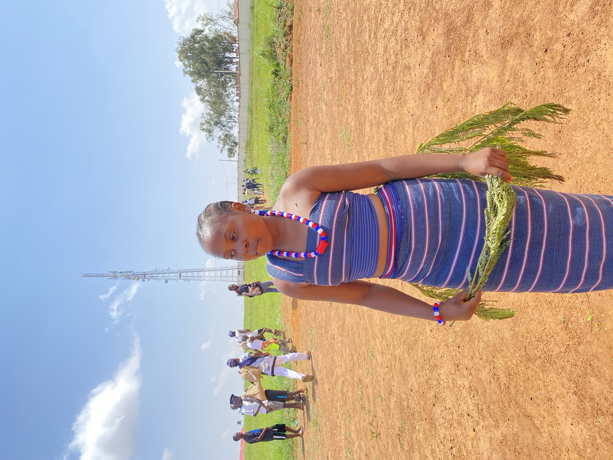 A young Black woman stands in a field, holding green branches, dressed in a blue and white striped outfit with red and blue beads around her neck and wrist. Behind her, a group of people walk across the field under a blue sky with scattered clouds. A cell tower is visible in the background. The field is a mix of brown earth and green grass, bordered by a line of trees and a fence in the distance. It is not possible to confirm if the location is in the city of Durimi, Nigeria from the image.