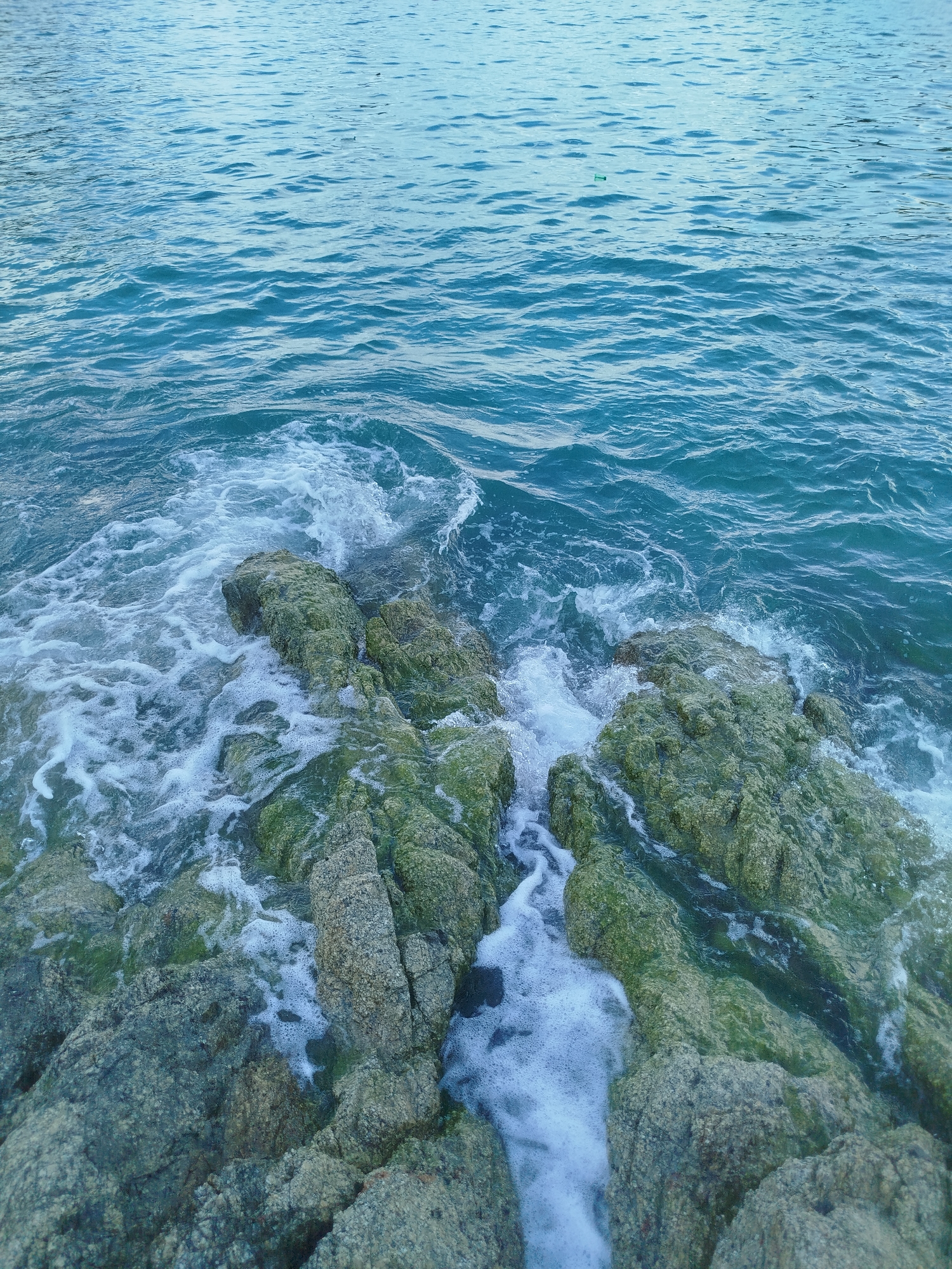 The image depicts a rocky coastline with turquoise water lapping against the shore. The rocks are covered in a greenish algae, indicating a marine environment. The water is slightly choppy, with white foam swirling around the rocks. The scene appears to be a natural landscape, likely a beach or a rocky cove. No people or man-made structures are visible in the image. The location is specified as Rawai, Thailand, a coastal area known for its beaches and islands.