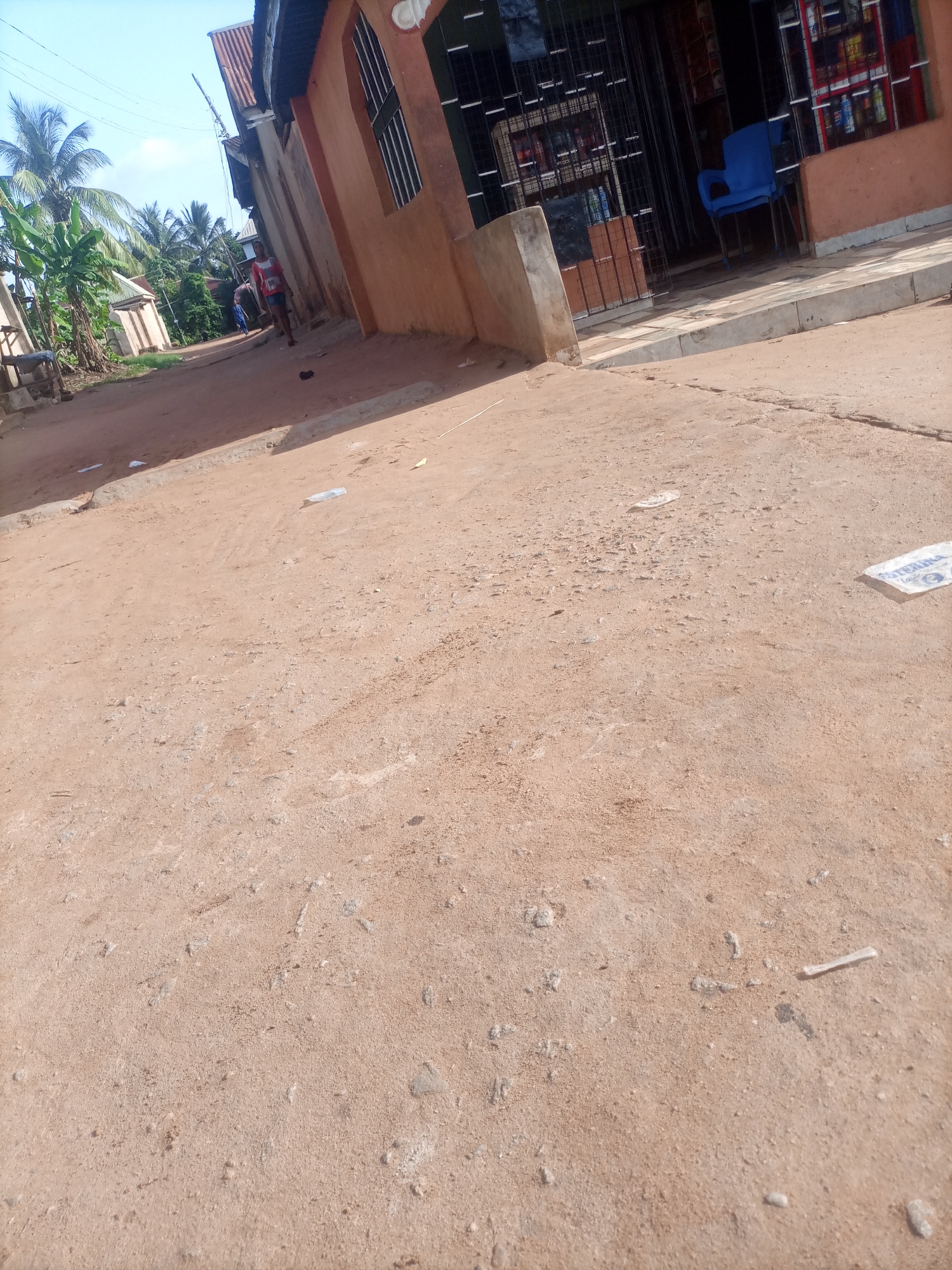 The image depicts a street scene in Nkpor, Nigeria. The foreground is dominated by a sandy, reddish-brown dirt road. In the background, there is a light-orange building with barred windows and a corrugated metal roof. To the left of the building, there are palm trees and other vegetation. A blue plastic chair is placed outside the building, visible through the bars. Two individuals are walking on the road in the mid-ground, one wearing a red shirt and the other a blue shirt. There is scattered debris on the road, including what appear to be plastic bags and bottles. The sky is clear and blue.
