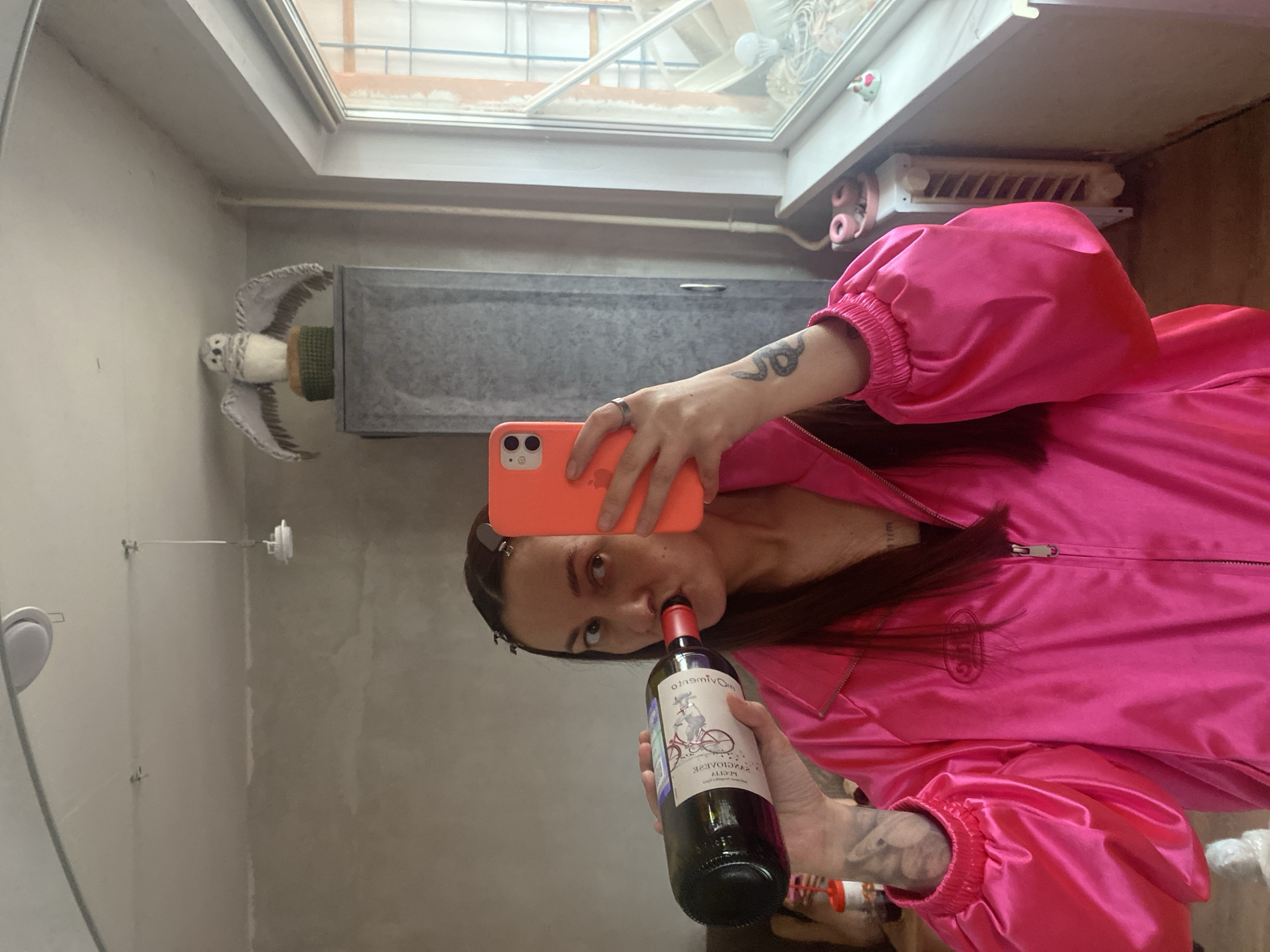 An indoor selfie captures a young person, likely female, taking a photo with a coral-colored smartphone while drinking directly from a wine bottle. The person has long dark hair and is wearing a vibrant, glossy pink jacket with puffy sleeves and elasticized cuffs. A snake tattoo is visible on their forearm, and another indistinct tattoo on their wrist. The jacket features an embroidered circular logo, possibly intertwined letters like "GRG," on the left chest area.
The dark wine bottle has a red foil cap and a white label depicting a person on a bicycle. Partially visible text on the label includes "Movimento," "FRANCIOISE," and "ALIGOTÉ."
The setting appears to be a room with light-colored, possibly concrete or plastered, walls and ceiling. A large skylight or high window is visible in the upper part of the image, allowing daylight into the room, suggesting it's daytime, possibly with an overcast sky. Outdoors, through the window, parts of a building structure or roof can be seen.
On the wall to the left, a white, owl-like figurine with spread wings is perched on a grey, rectangular structure, possibly a shelf or radiator cover. Above the person's right shoulder, a white radiator or heating unit is mounted on the wall. Small recessed light fixtures are on the ceiling. A small, white decorative object with pink accents is attached under a ledge near the window. The overall ambiance is informal and personal. While the image itself doesn't provide location cues, the context states it's from Votkinsk, Russia.