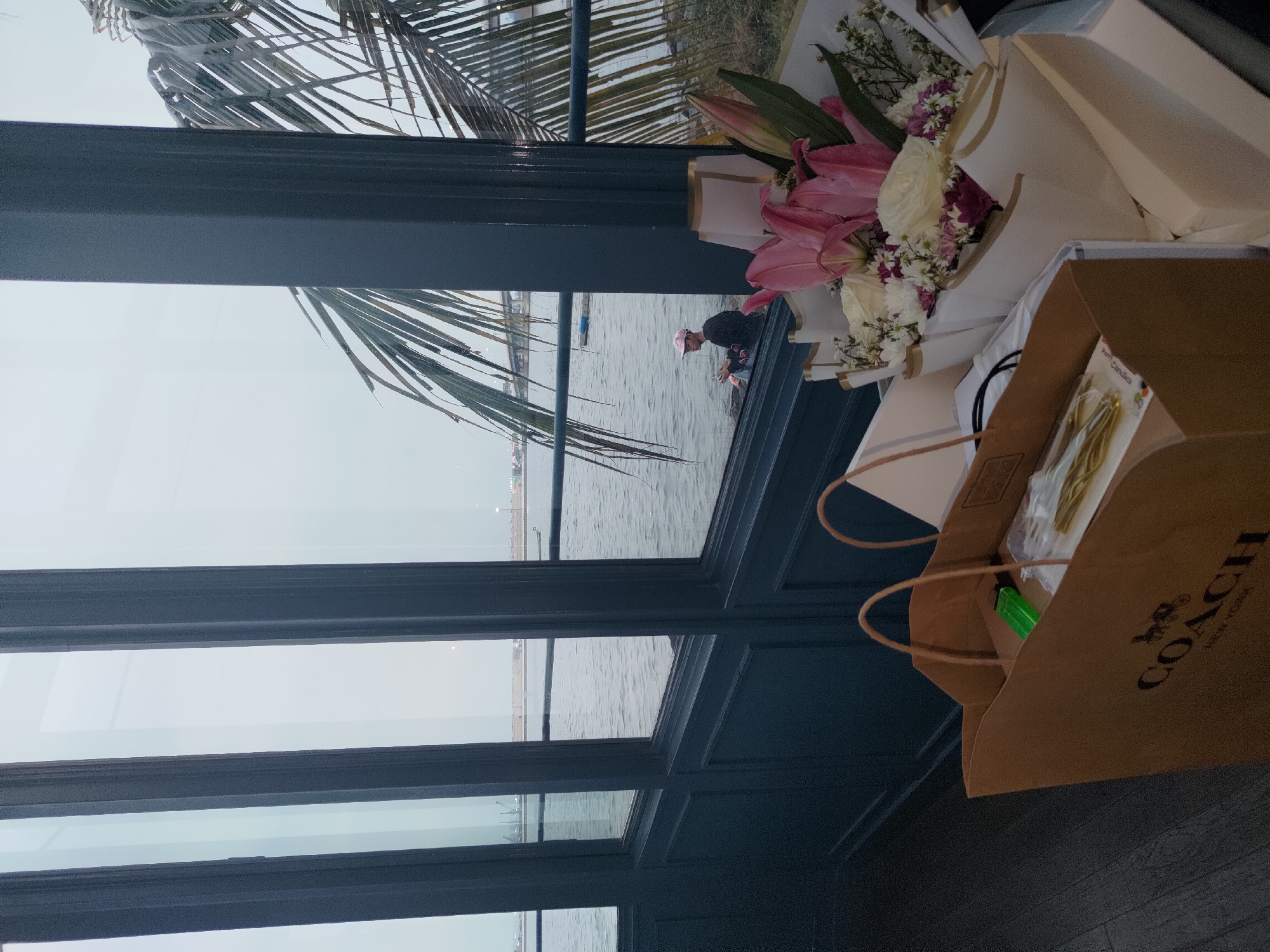 The image depicts a waterfront view through a large window. In the foreground, on the left, a brown COACH shopping bag sits on a dark wooden floor. Inside the bag, a bright green lighter and some items wrapped in plastic are visible. To the right of the bag, a bouquet of flowers, including pink lilies and white roses, is arranged in a white paper wrapping.
Through the window, a calm body of water is visible, with a distant shoreline featuring industrial structures and a bridge. A person wearing a pink cap and dark clothing is standing in the water, near the edge of the scene. Palm fronds from a nearby plant are visible in the upper right corner of the frame. The overall lighting suggests an overcast or late afternoon setting. The location is identified as Kosambi Barat, Indonesia.
