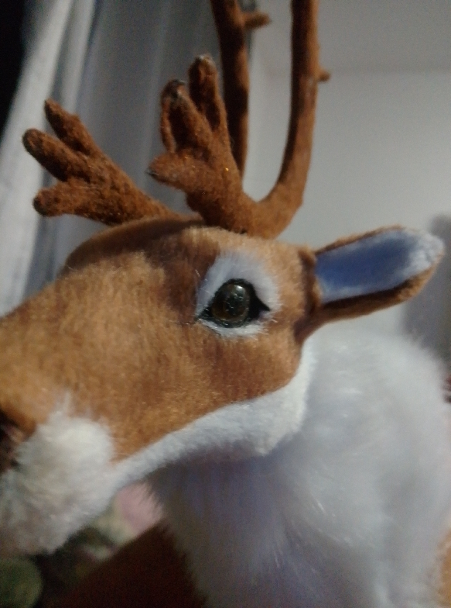 A close-up, eye-level, medium shot captures the upper body and head of a stuffed reindeer. The reindeer's fur is a mix of brown and white, and it has a prominent brown antler with glittery accents on its head. The left eye is visible, black and beady with a reflection. The left ear, also visible, is light blue on the inside and white on the outside. The background is blurry and appears to be an indoor setting with curtains. The image is taken with a flash, which creates a slightly overexposed effect. The location is not specified in the provided context.