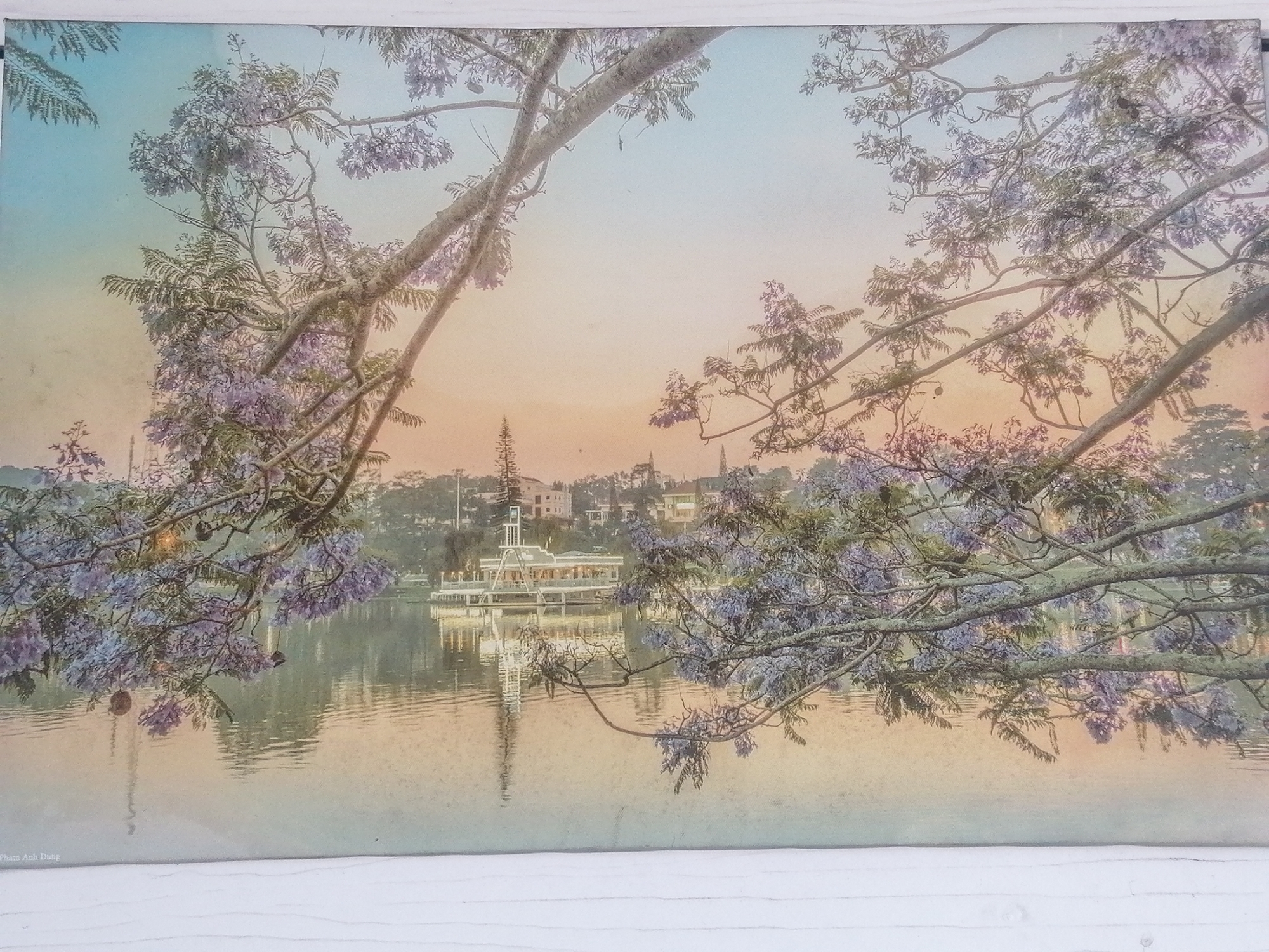 The image captures a serene scene over Xuan Huong Lake in Da Lat, Vietnam, with Jacaranda trees framing the view. The lake reflects the pastel sky at dusk or dawn. A prominent white structure resembling a floating restaurant or pavilion is visible on the lake, with a tower rising above it. The cityscape of Da Lat stretches across the horizon, including buildings and a pointed evergreen tree. In the foreground, the branches of Jacaranda trees, adorned with purple blooms, arch across the top and sides of the image. The water surface exhibits gentle ripples, reflecting the colors of the sky and the architecture on the lake. A hint of a name, "Pham Anh Dung," is visible in the bottom left corner, possibly indicating the photographer or artist.
