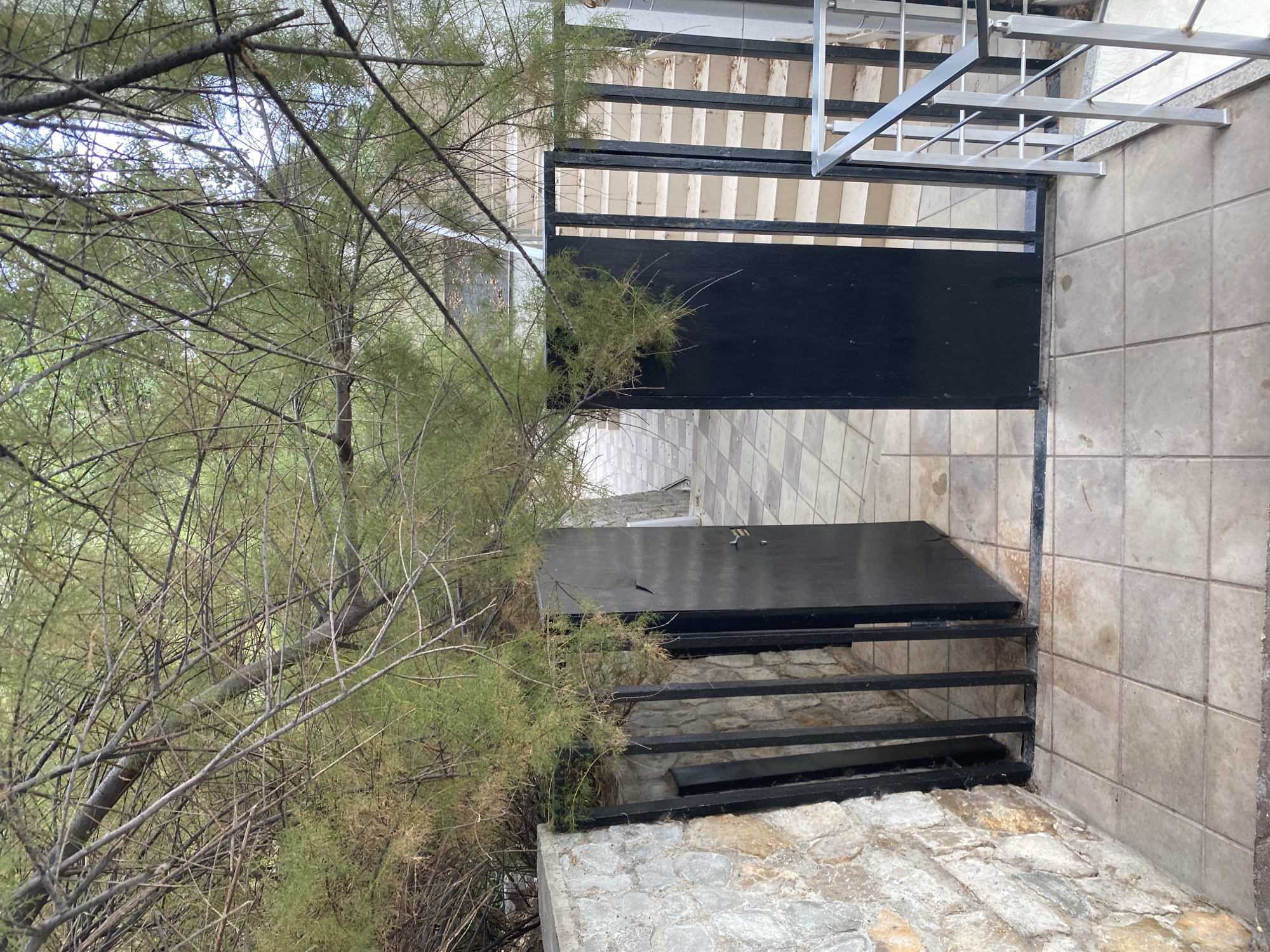 The image shows an outdoor scene with a partially opened black gate leading to a set of stairs. The gate is flanked by a stone wall on the left and a metal railing on the right. The ground is paved with light-colored square tiles. Overhead, branches of a tree with green and brown foliage hang down, obscuring parts of the scene. The background shows more of the stairs and possibly buildings, but they are out of focus. The overall impression is of an entrance to a property, possibly in a somewhat overgrown or natural setting.