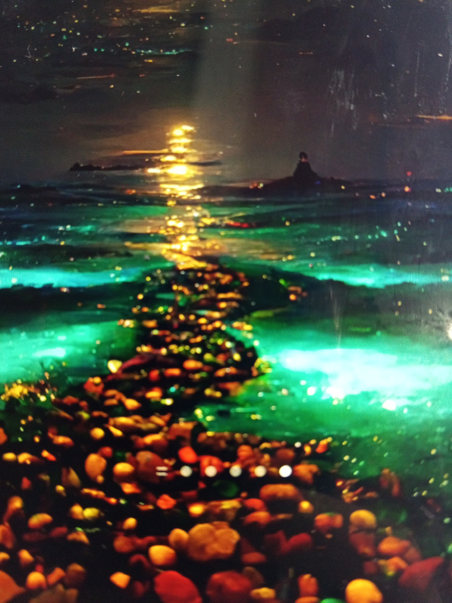 This surreal and dreamlike image captures a nocturnal landscape bathed in vibrant, artificial light. The central subject is a winding path, seemingly made of glowing, multicolored pebbles in shades of orange, red, and yellow, extending from the foreground into the distance. This luminous path appears to be flanked on both sides by water, which glows intensely with electric teal and turquoise hues, creating a striking contrast with the path.
In the upper-center, a bright, golden light source, possibly a moon or distant city lights reflecting on the water, casts a strong, shimmering beam directly onto the water's surface, mirroring the path's direction. On a small, dark landmass or island in the mid-ground, a solitary, silhouetted figure is visible, seemingly observing the scene or contemplating. The sky above is dark, speckled with numerous tiny, faint lights, which could represent stars or distant urban illumination. Scattered specks of light are also present throughout the water and among the glowing pebbles, contributing to the magical atmosphere.
The overall scene is one of serene mystery, evoking a sense of journey or introspection. The highly saturated colors and soft focus create an ethereal and fantastical mood. The time of day is clearly night. There is no visible text in the image. While the location context is given as Tinaquillo, Venezuela, the image itself does not contain specific geographical cues to confirm this.