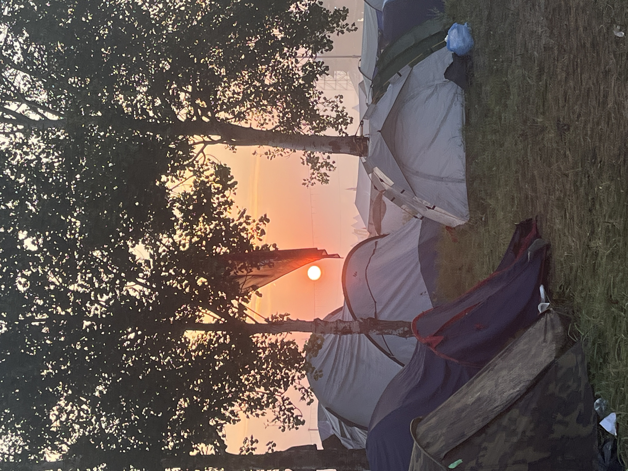 The image depicts a campground with several tents set up in a grassy area. In the background, a sunrise is visible through the trees, casting a warm orange glow over the scene. The sky is hazy with a light fog. A few trees with dark foliage are scattered throughout the campground, some with thin trunks. Several tents of various colors and sizes are pitched, with some appearing to be made of nylon or similar material. The ground is covered in green grass and some scattered debris, including white pieces of paper and a blue plastic bag. The overall atmosphere is that of a campsite at dawn.