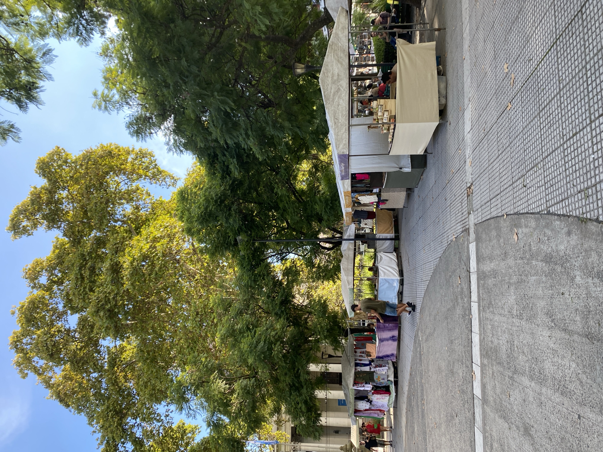 The image depicts a street market in Buenos Aires, Argentina. Vendors have set up stalls along a tiled walkway, displaying clothing and other goods for sale. A large, mature tree with green foliage is on the left, partially shading the market area. People are visible, browsing the merchandise. A building with white columns is in the background. The sky is visible through the trees.