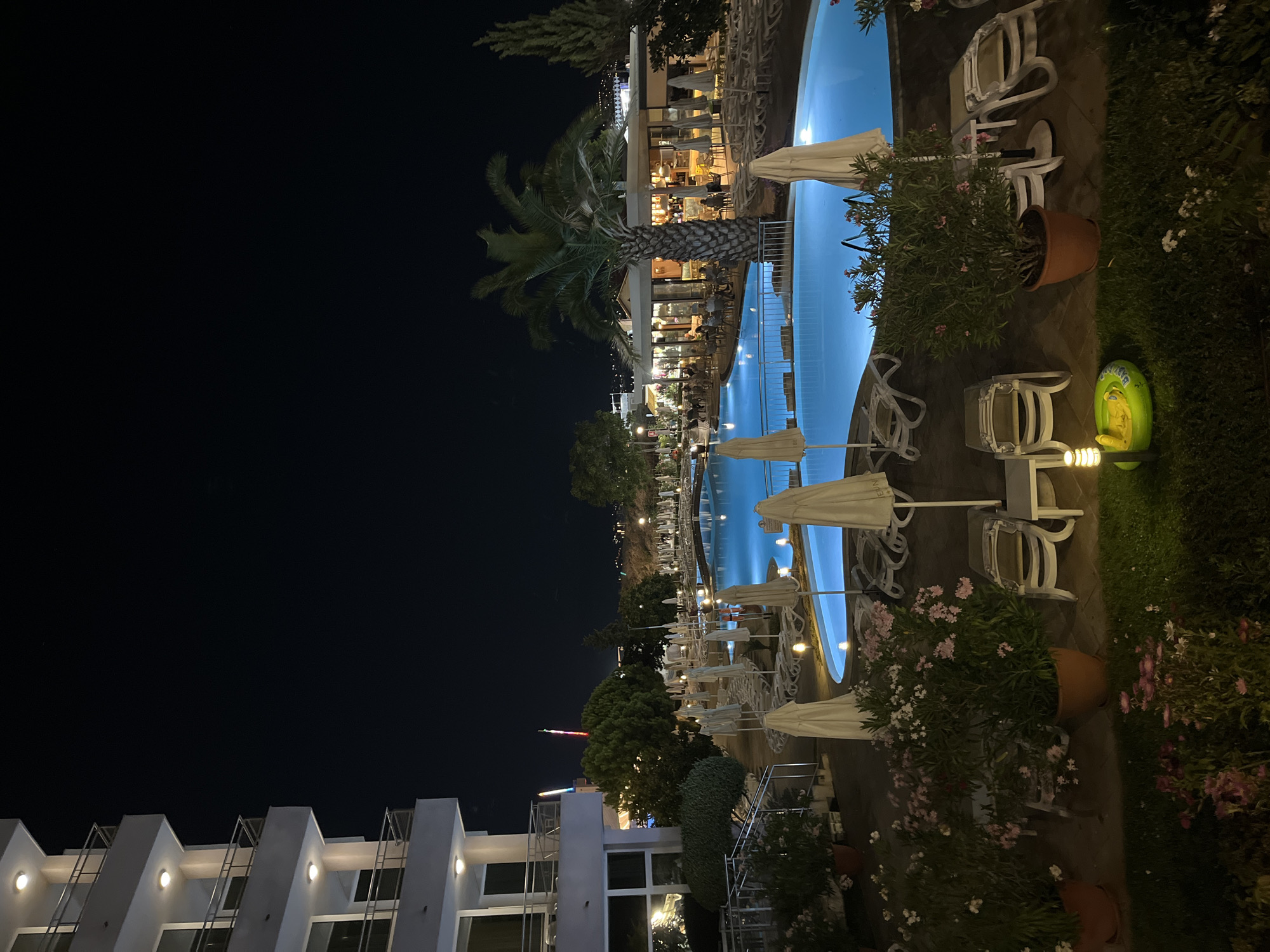 This is a nighttime exterior shot of a resort area. On the left, a multi-story building with balconies and lit windows is visible. In the foreground, a swimming pool is illuminated with blue light, surrounded by lounge chairs and white umbrellas. There are potted plants with pink and white flowers along the edge of the pool area. A palm tree stands near a building with a glass facade where patrons are seated at tables. A bridge spans across a section of the pool. In the background, a Ferris wheel-like structure with colorful lights is visible in the distance. The scene depicts a leisure resort environment in Nesebar, Bulgaria, likely during the evening.